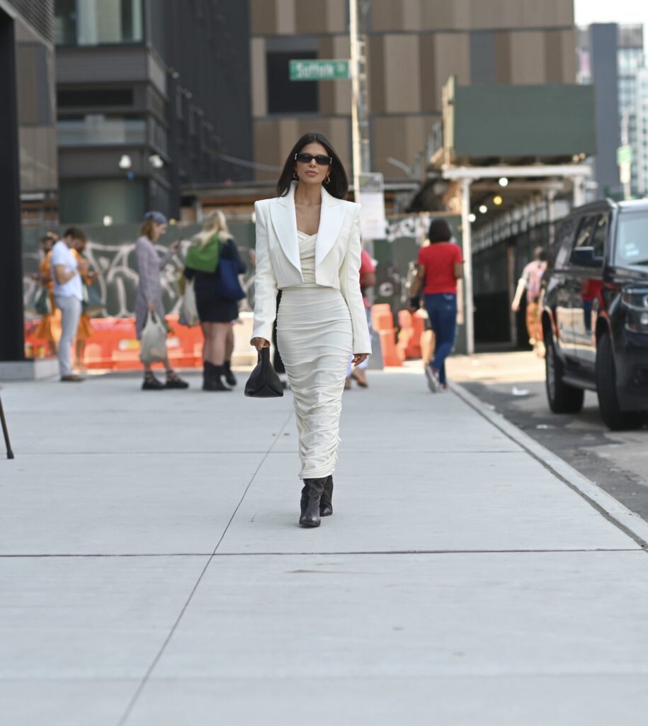 Victoria Barbara street style wearing KHAITE white dress & blazer at New York Fashion Week 2021