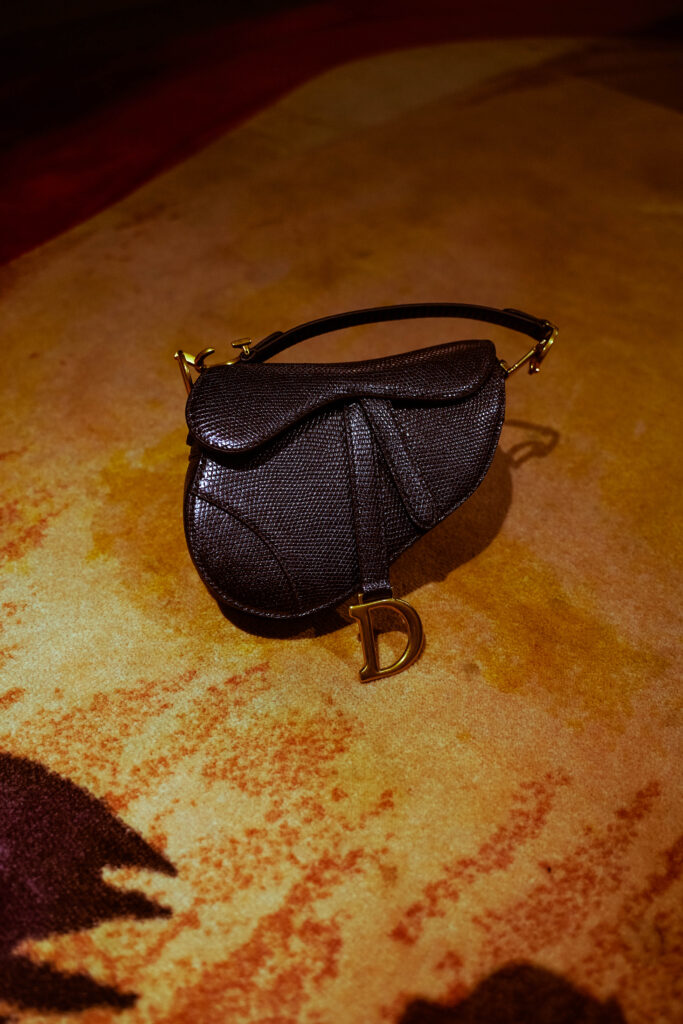 Dior saddle bag close up with gold hardware
