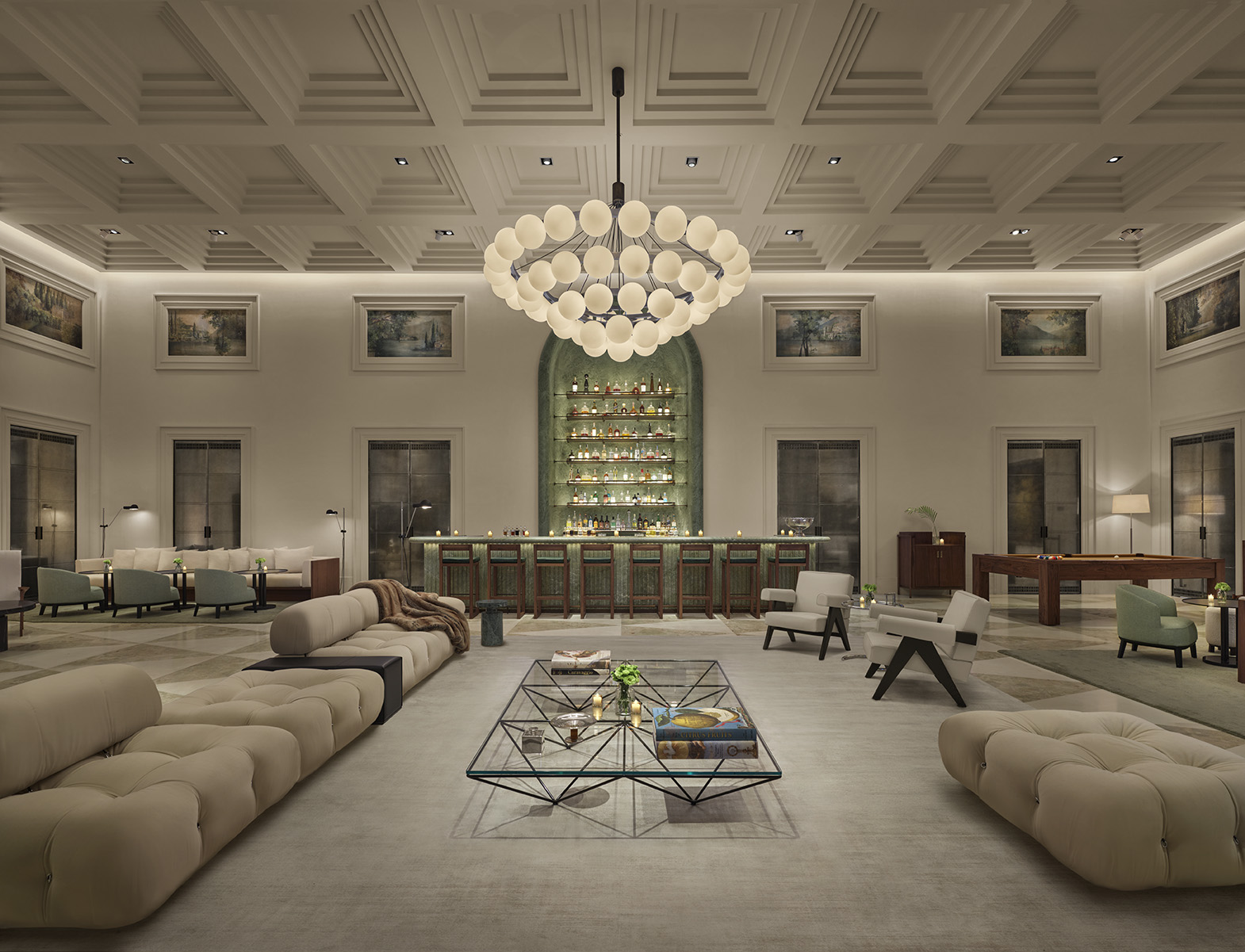 The Lake Como EDITION grand lobby bar interior with chandelier and arched windows