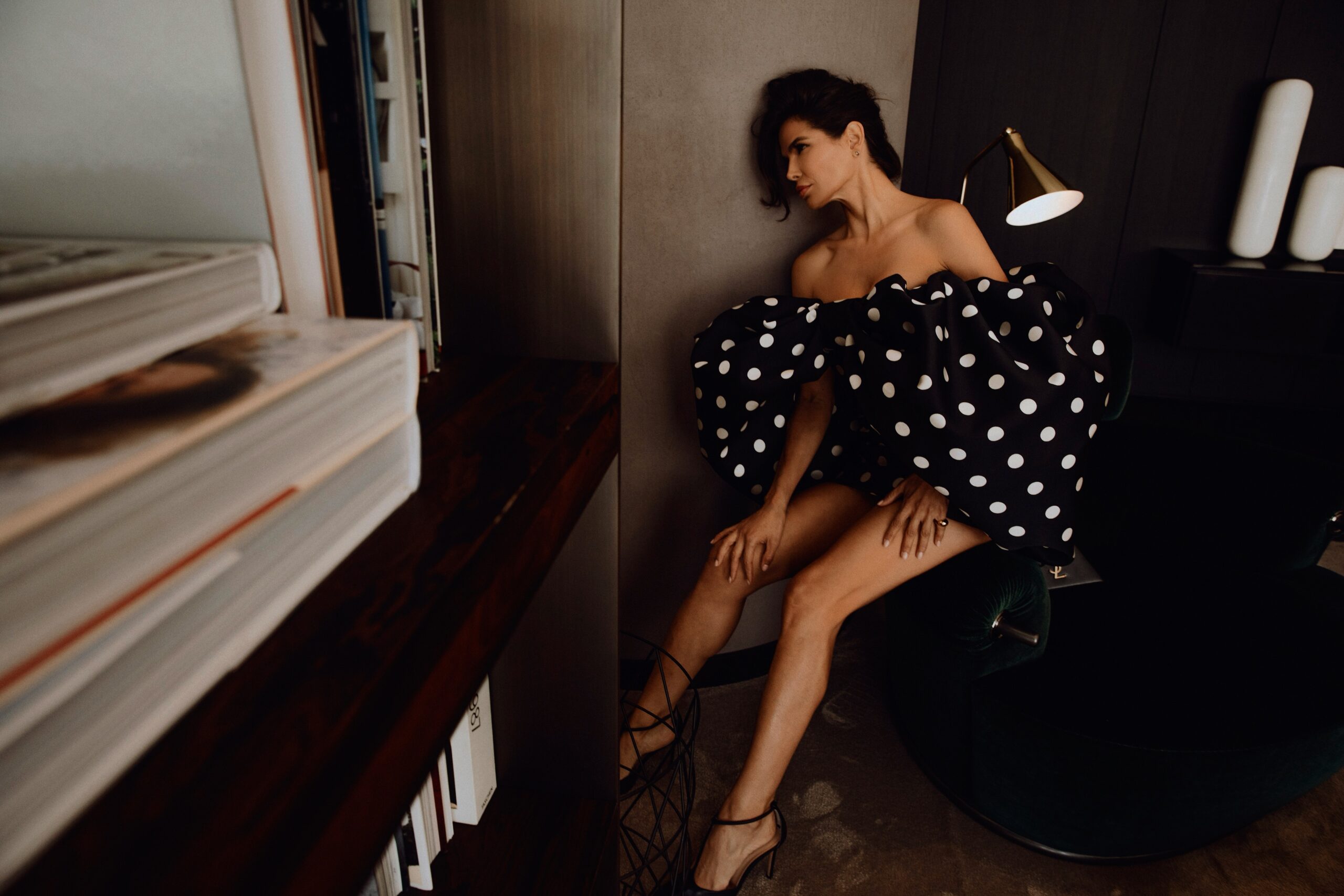 Givenchy polka dot silhouette photographed in an interior with strong perspective lines