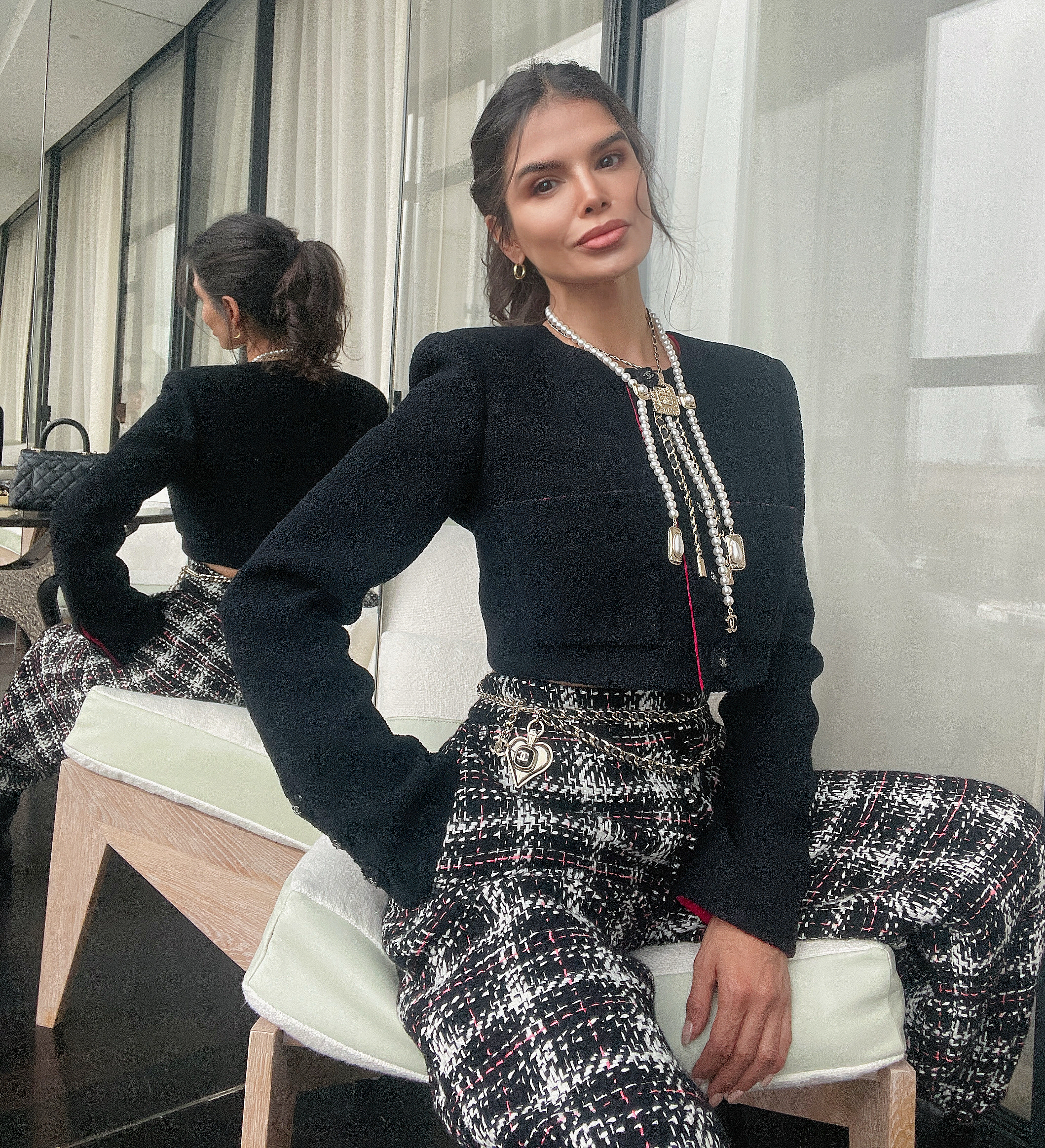 Victoria Barbara wearing Chanel inside a suite at Cheval Blanc Paris