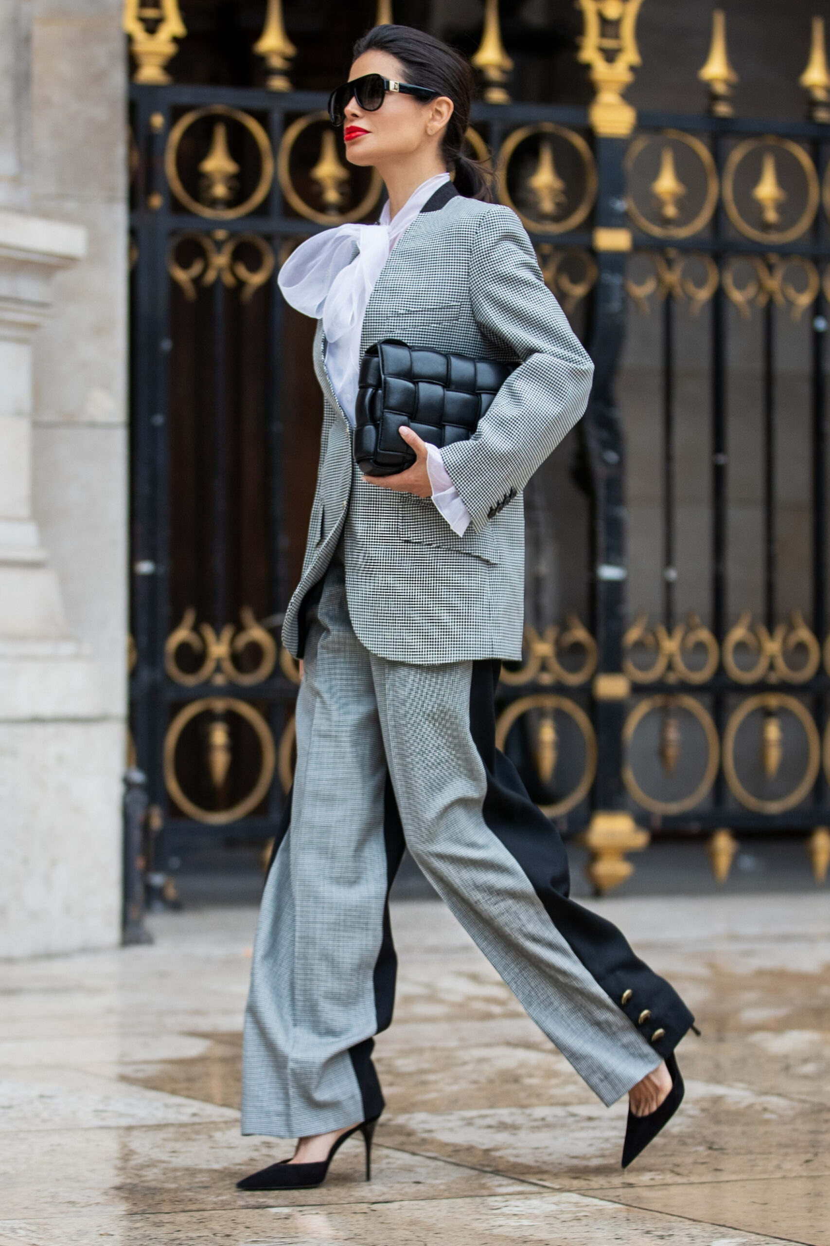 Victoria Barbara arriving at Givenchy show in Paris wearing full Givenchy tailored suit and sunglasses