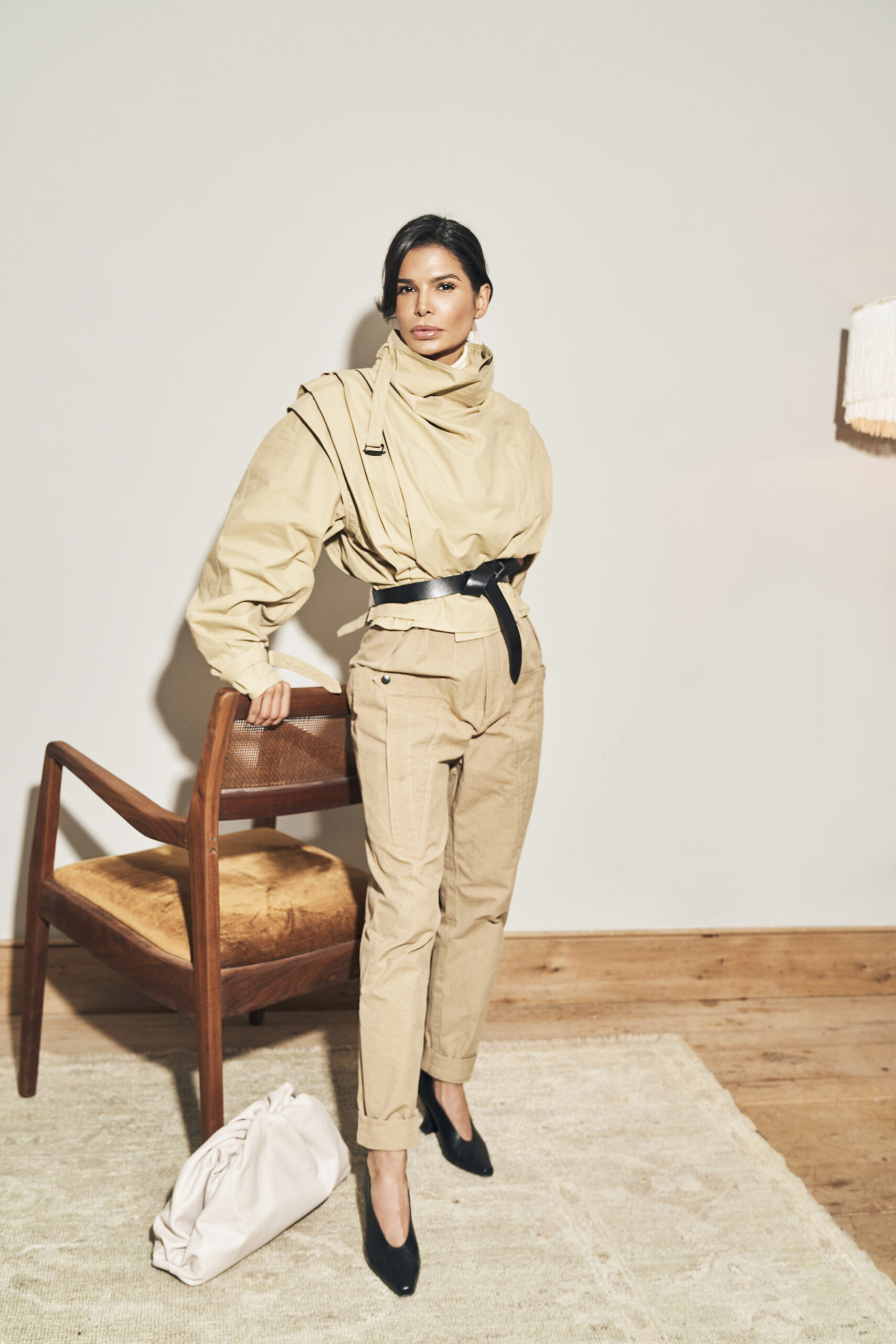 Victoria Barbara wearing an Isabel Marant utility-inspired look with belted silhouette and relaxed structure in an editorial setting