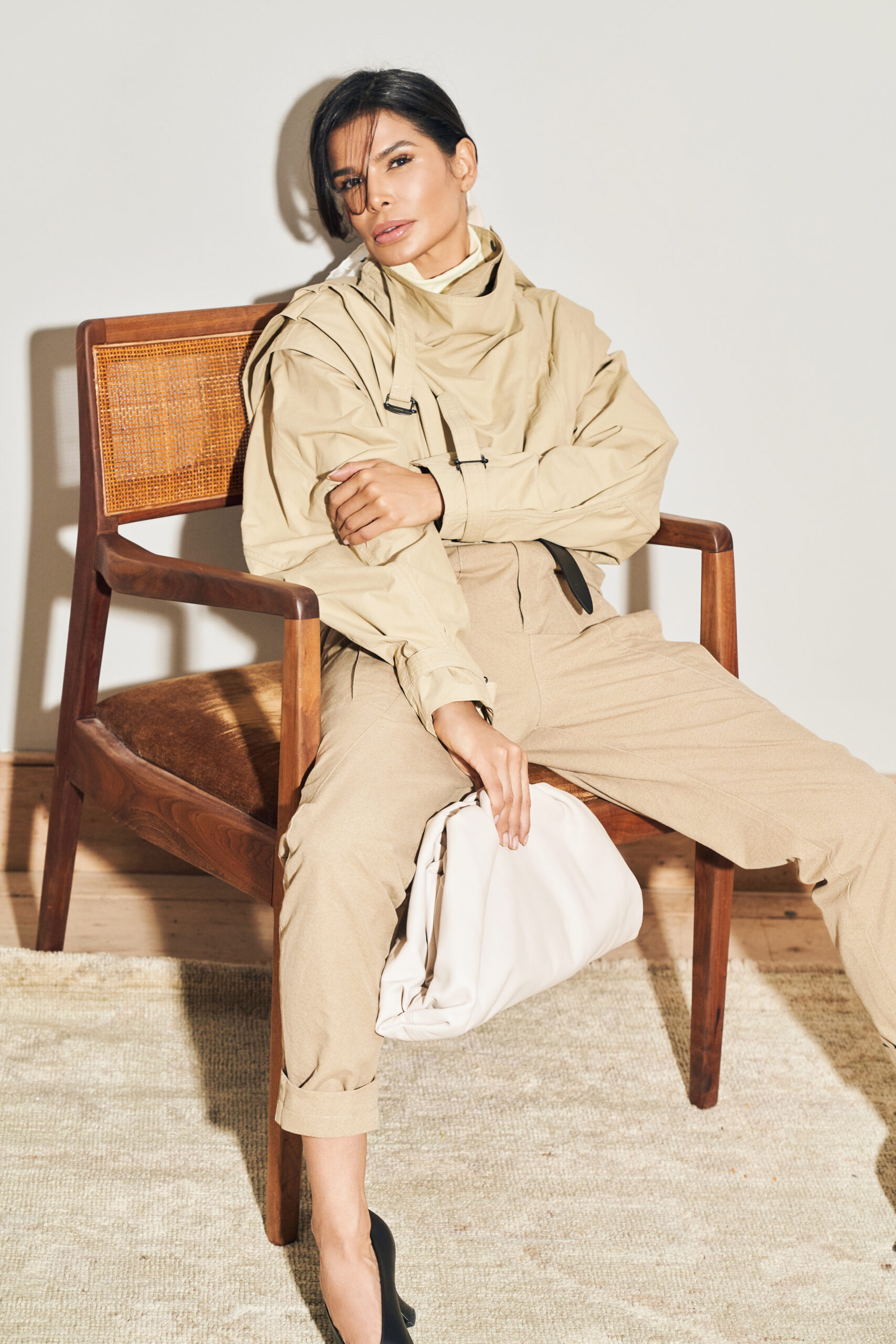 Victoria Barbara in an Isabel Marant utility editorial look featuring belted styling and softened tailoring