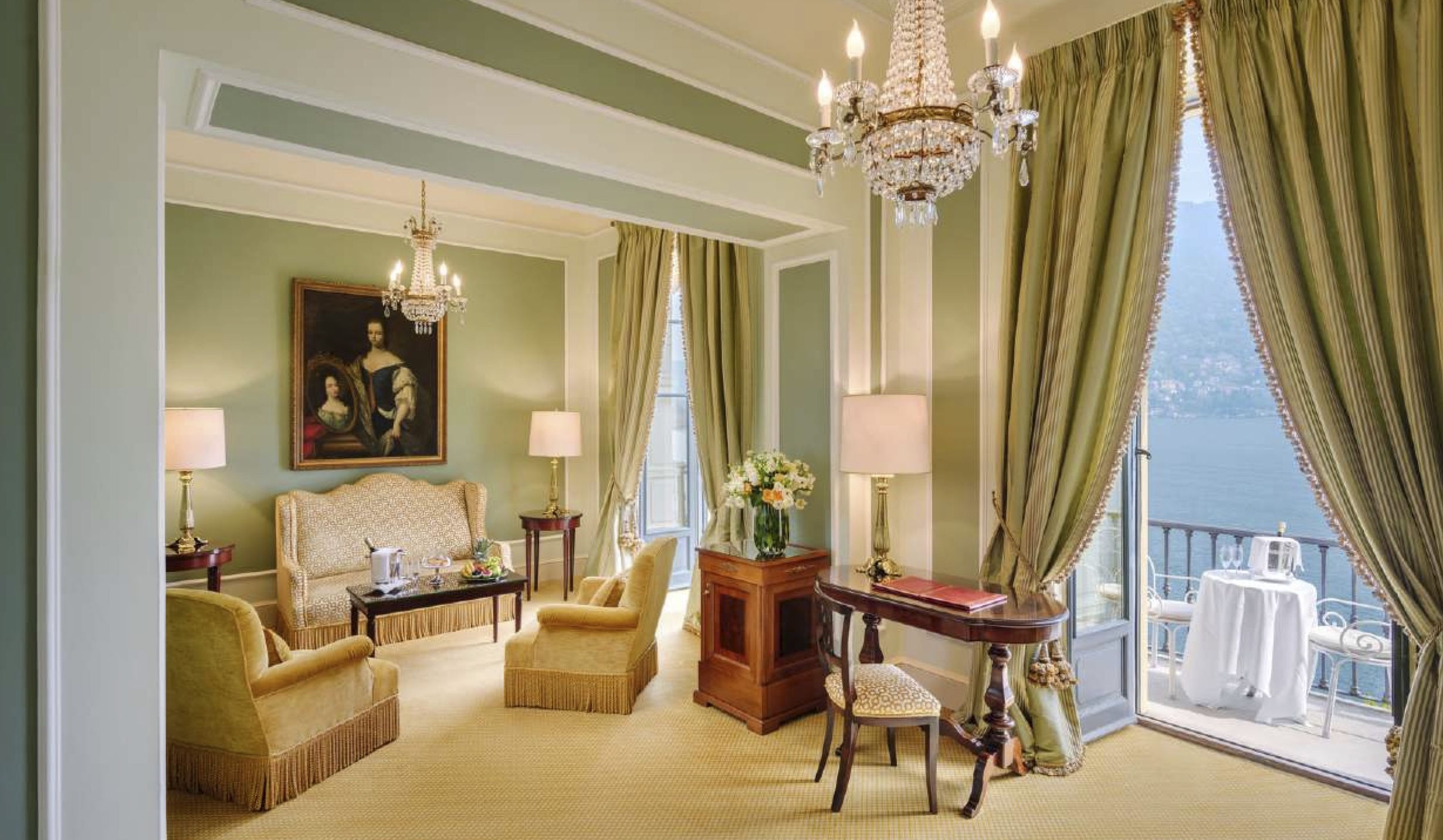 Villa d'Este Lake Como suite interior with classic furnishings and lake view