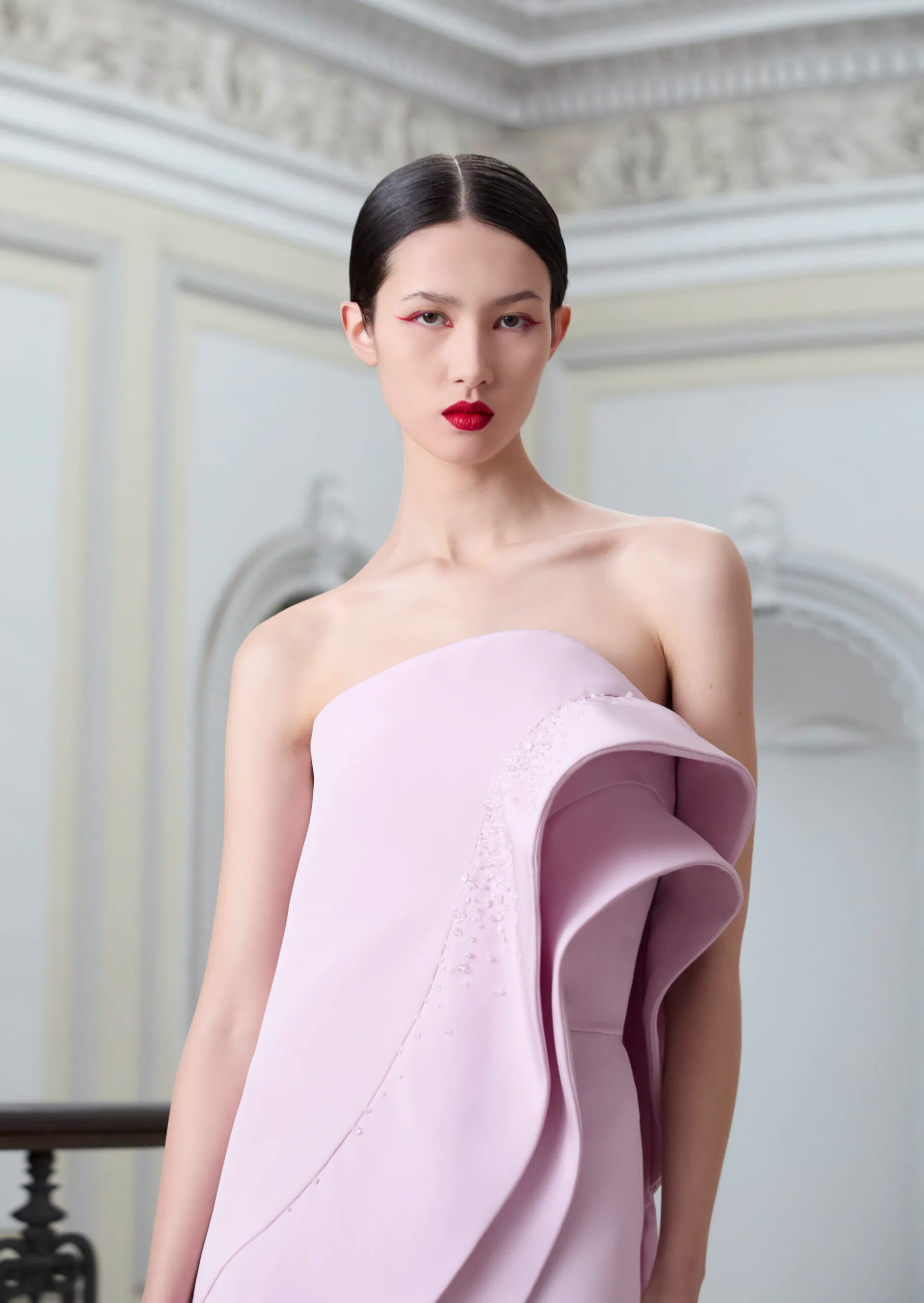 Close-up pink sculptural Antonio Grimaldi couture construction detail from Spring 2026 Couture