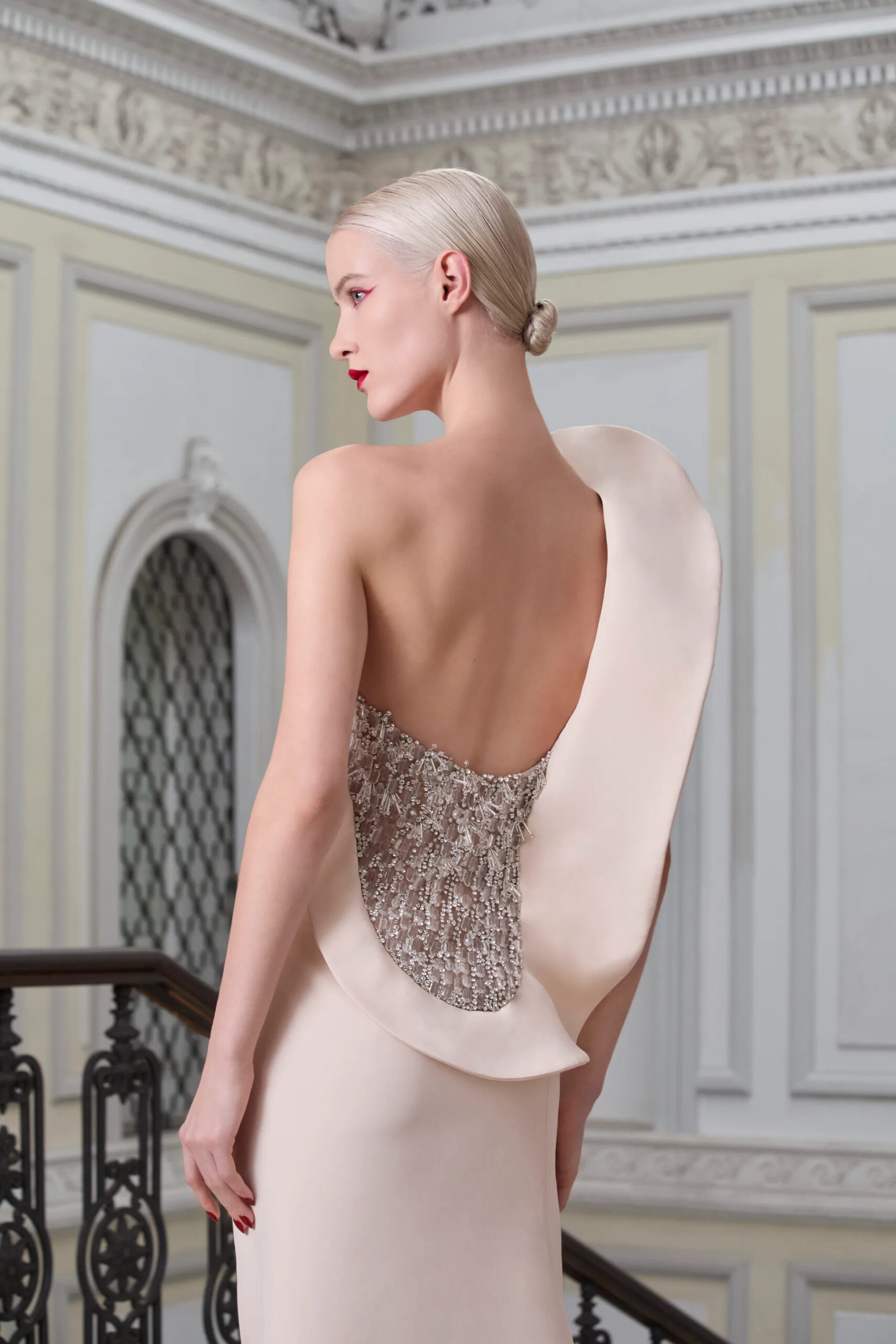 Open back crystal embroidery detail from Antonio Grimaldi Spring 2026 Couture ivory gown