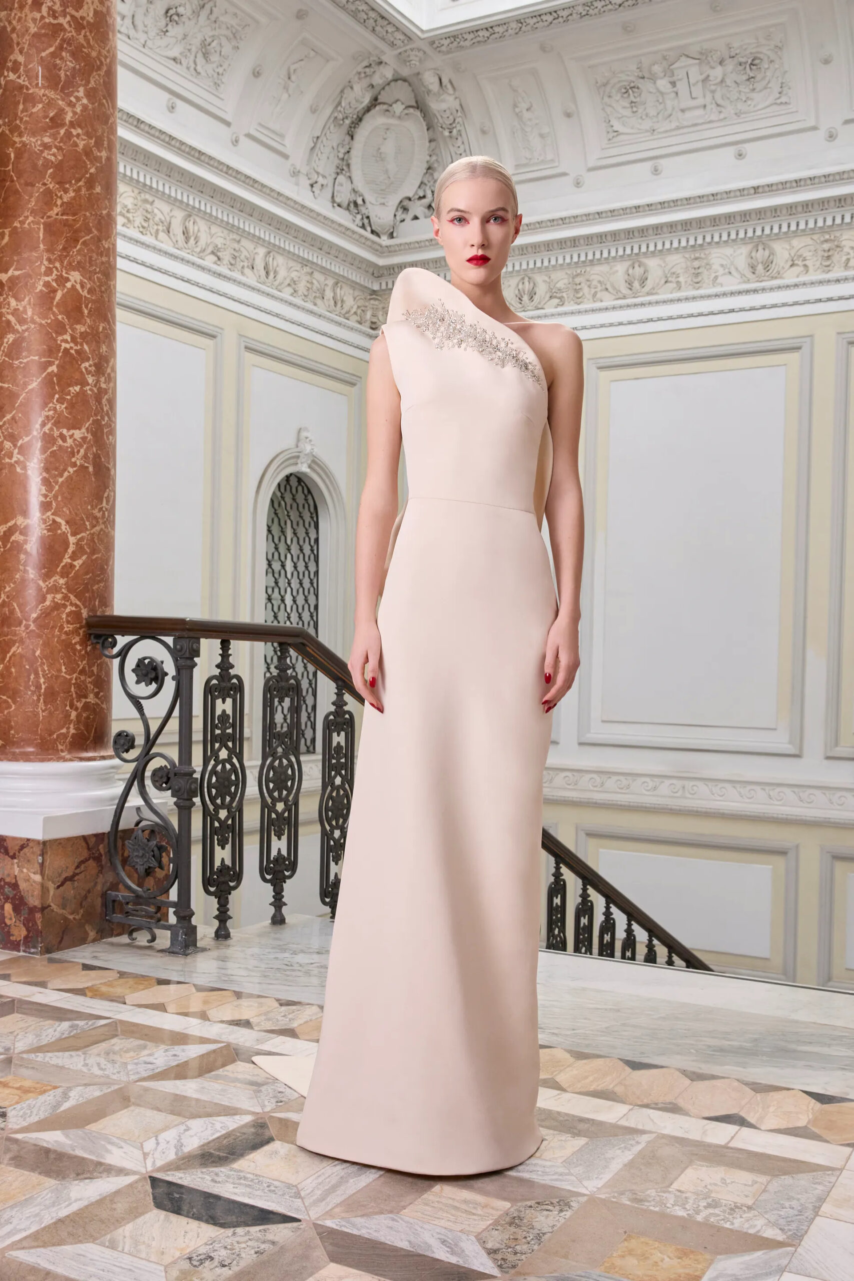 Ivory asymmetric Antonio Grimaldi Spring 2026 Couture gown with crystal embellished neckline
