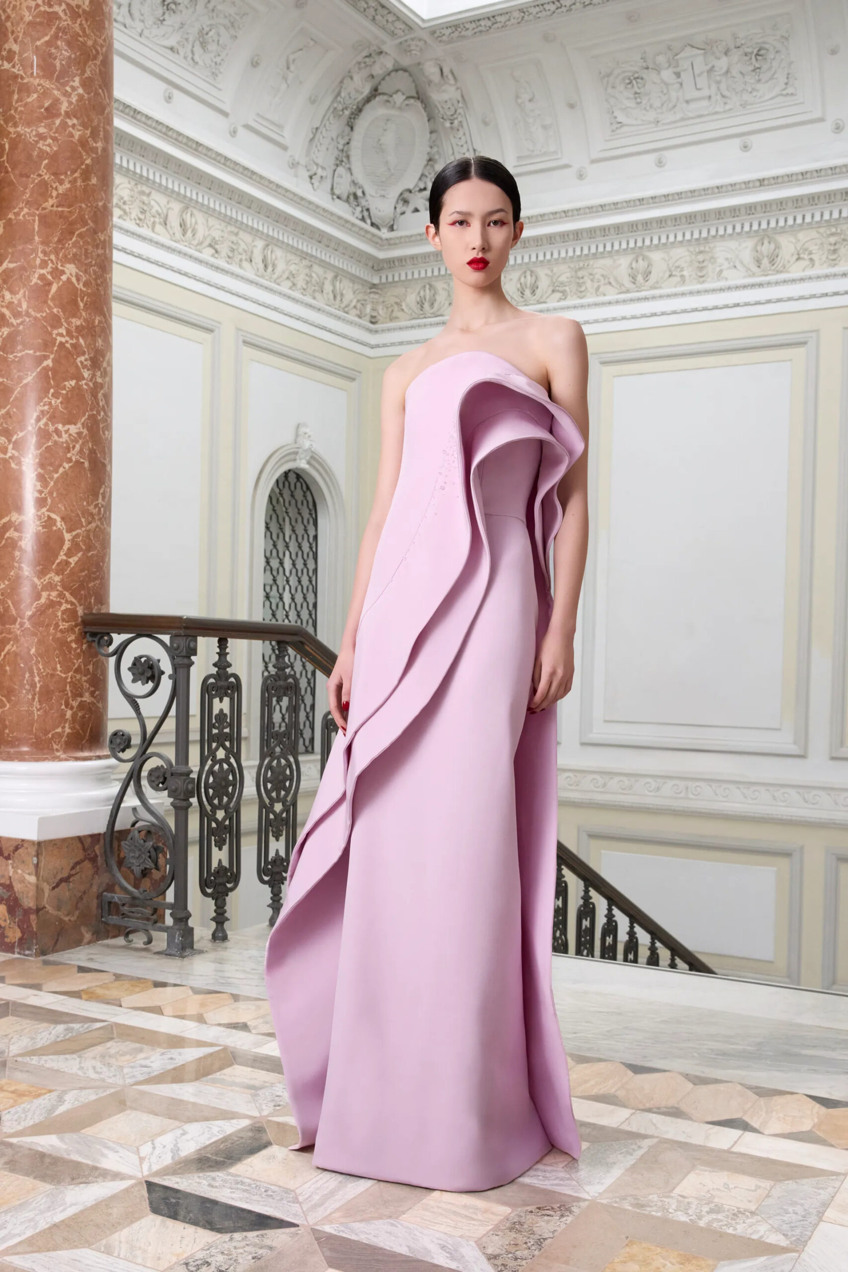 Pink sculptural Antonio Grimaldi Spring 2026 Couture gown with dramatic architectural draping