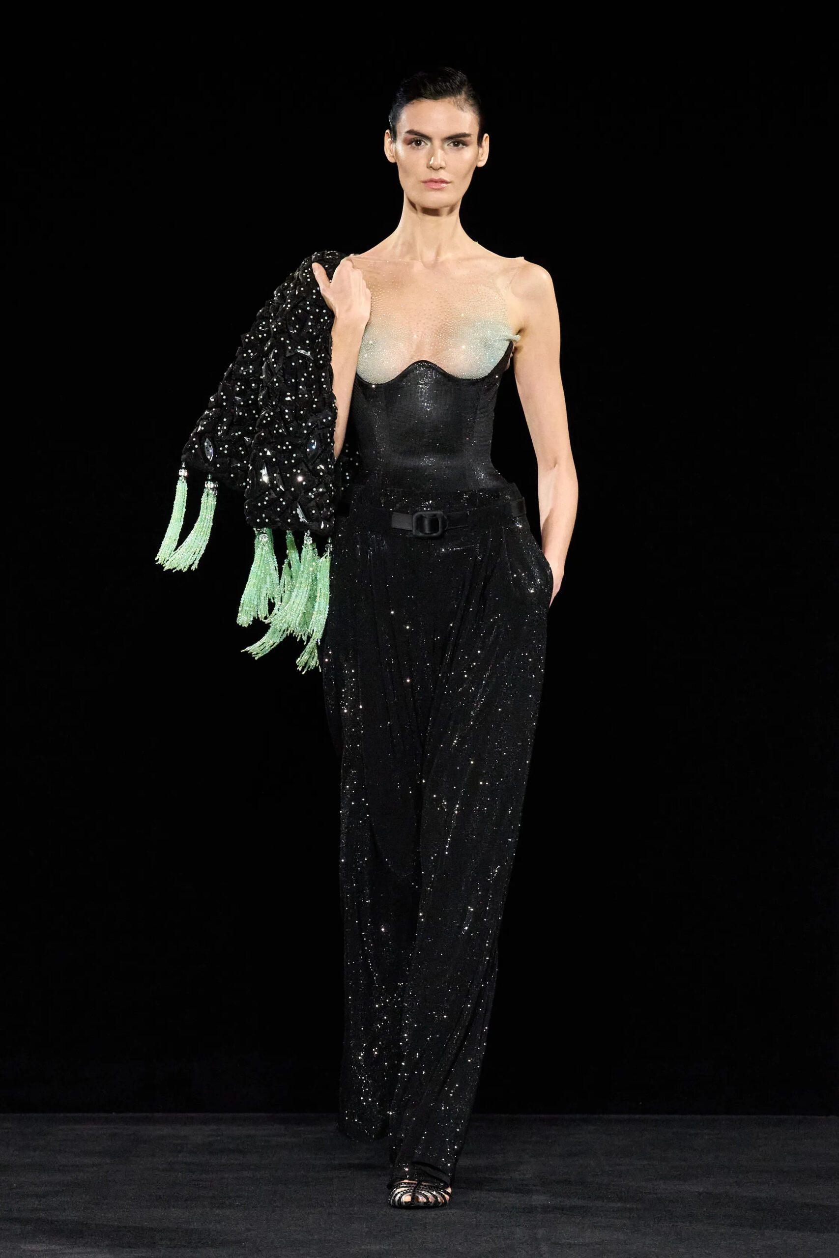 Black sequined evening look with sheer embellished bodice and crystal shawl from Armani Privé Spring 2026 Couture