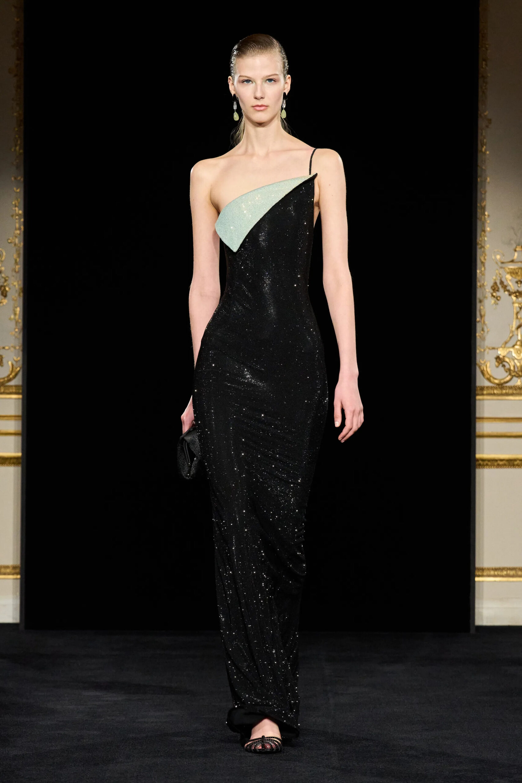 Black asymmetrical sequined gown with pale mint neckline detail from Armani Privé Spring 2026 Couture