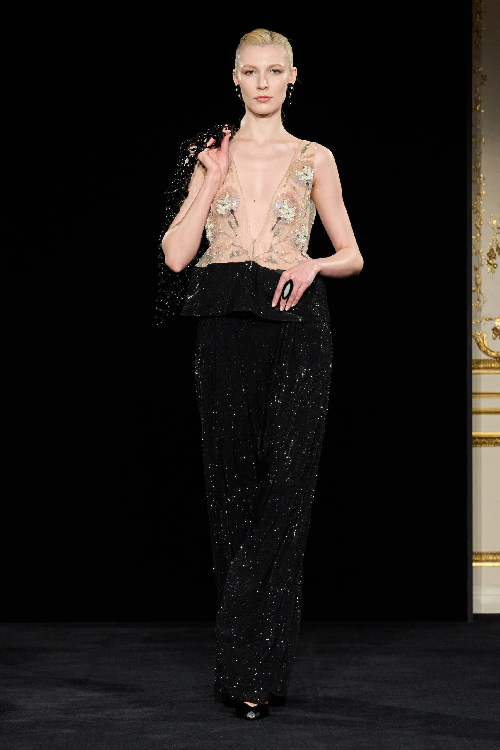 Sheer embroidered couture top with black sequined trousers from Armani Privé Spring 2026 Couture