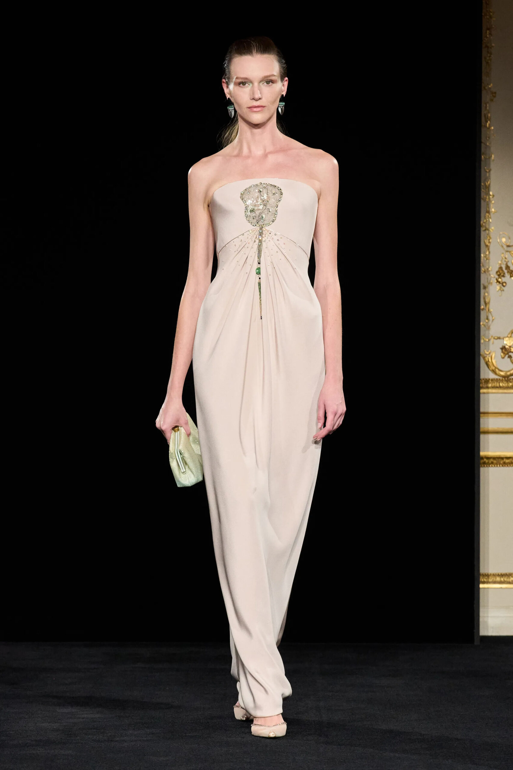 Soft nude couture column gown with jeweled embellishment from Armani Privé Spring 2026 Couture