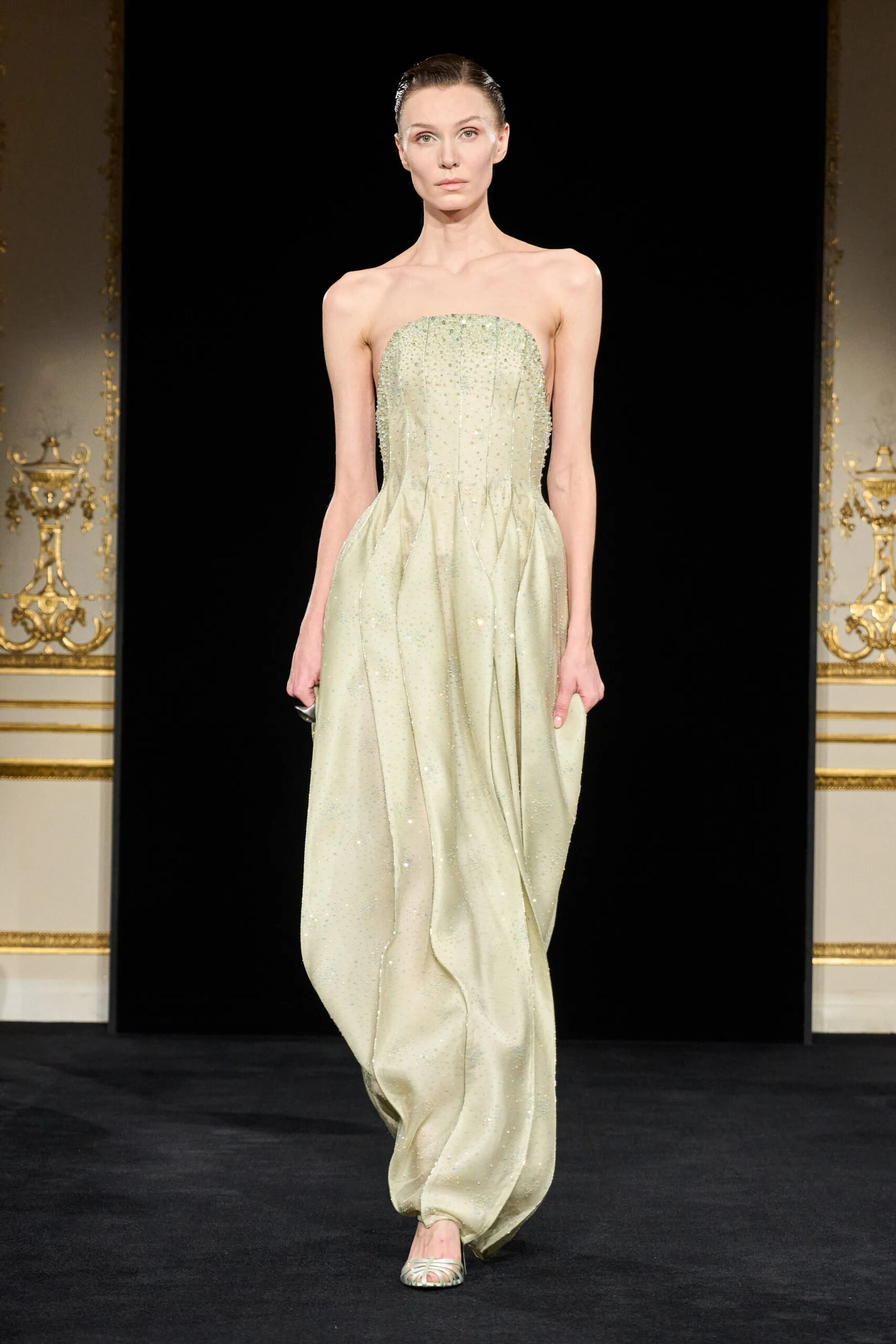 Pale mint sculpted couture gown from Armani Privé Spring 2026 Couture