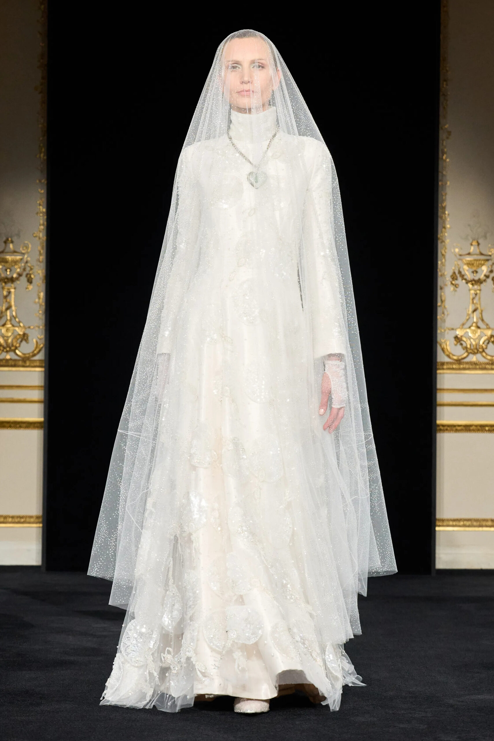 White bridal couture look with long embellished veil from Armani Privé Spring 2026 Couture