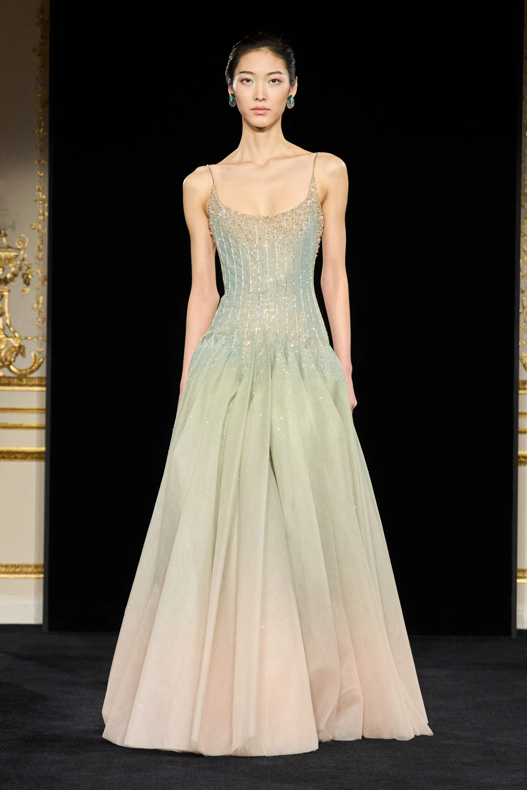 Pale mint embellished couture gown from Armani Privé Spring 2026 Couture