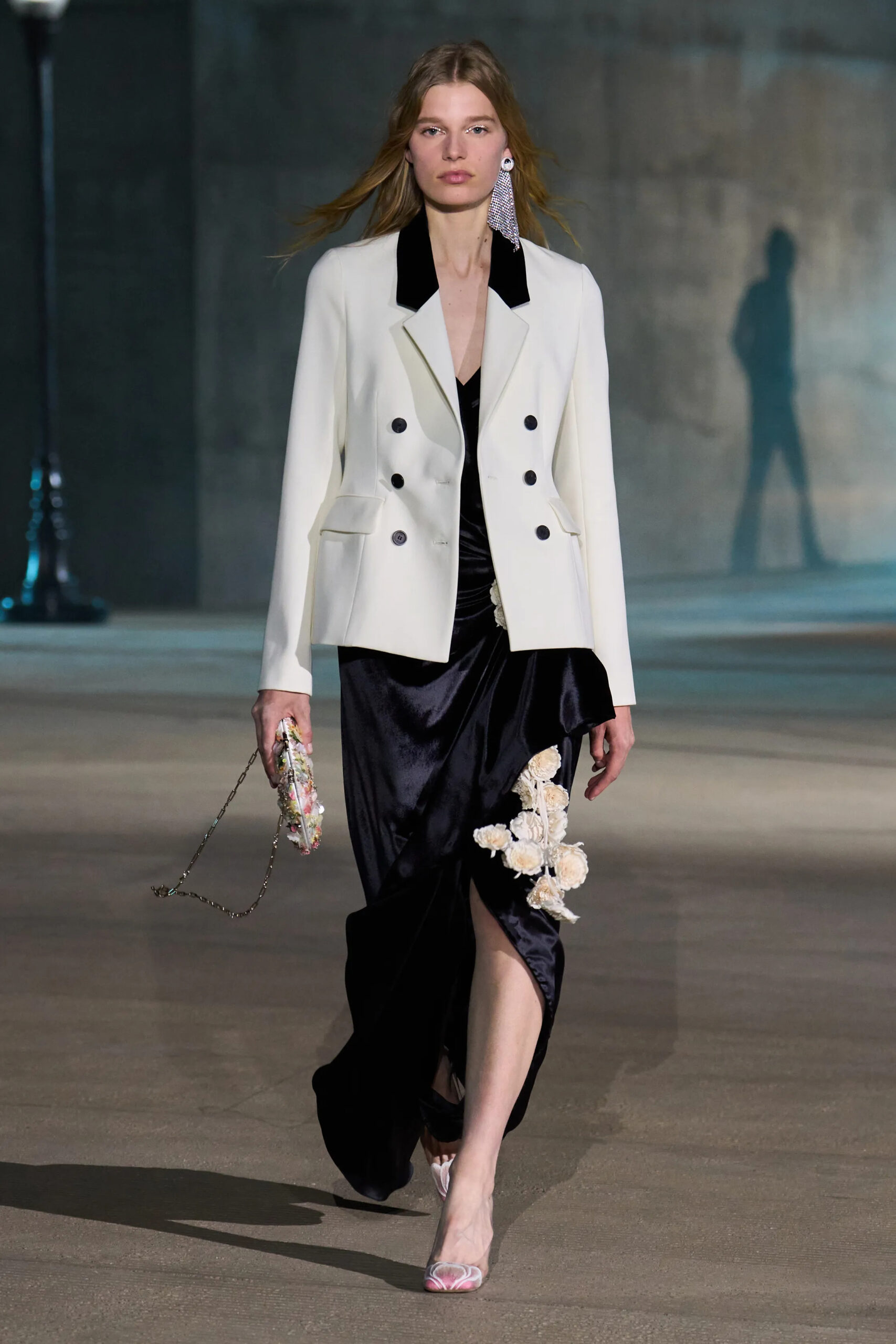 Christian Dior Resort 2027 white tuxedo jacket over black satin evening dress