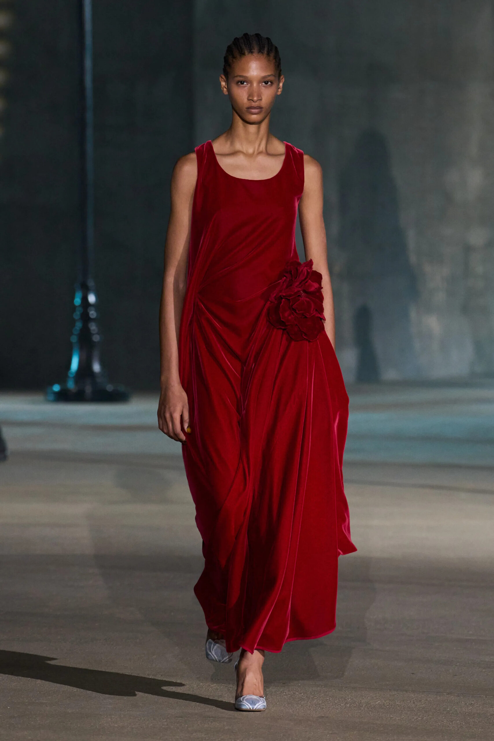 Christian Dior Resort 2027 red velvet evening gown