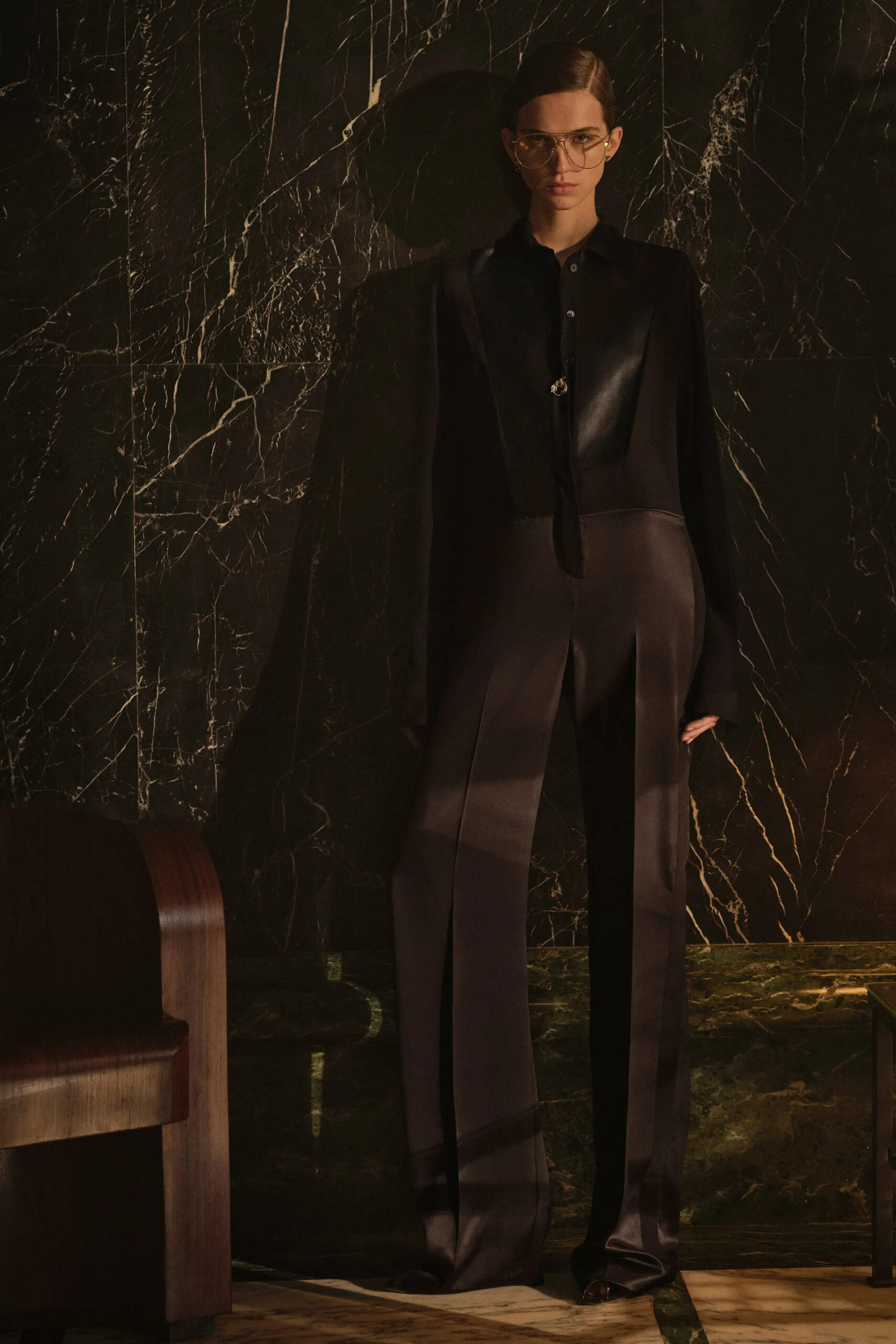 Black elongated tailored silhouette with satin detailing from the Fendi Resort 2027 collection