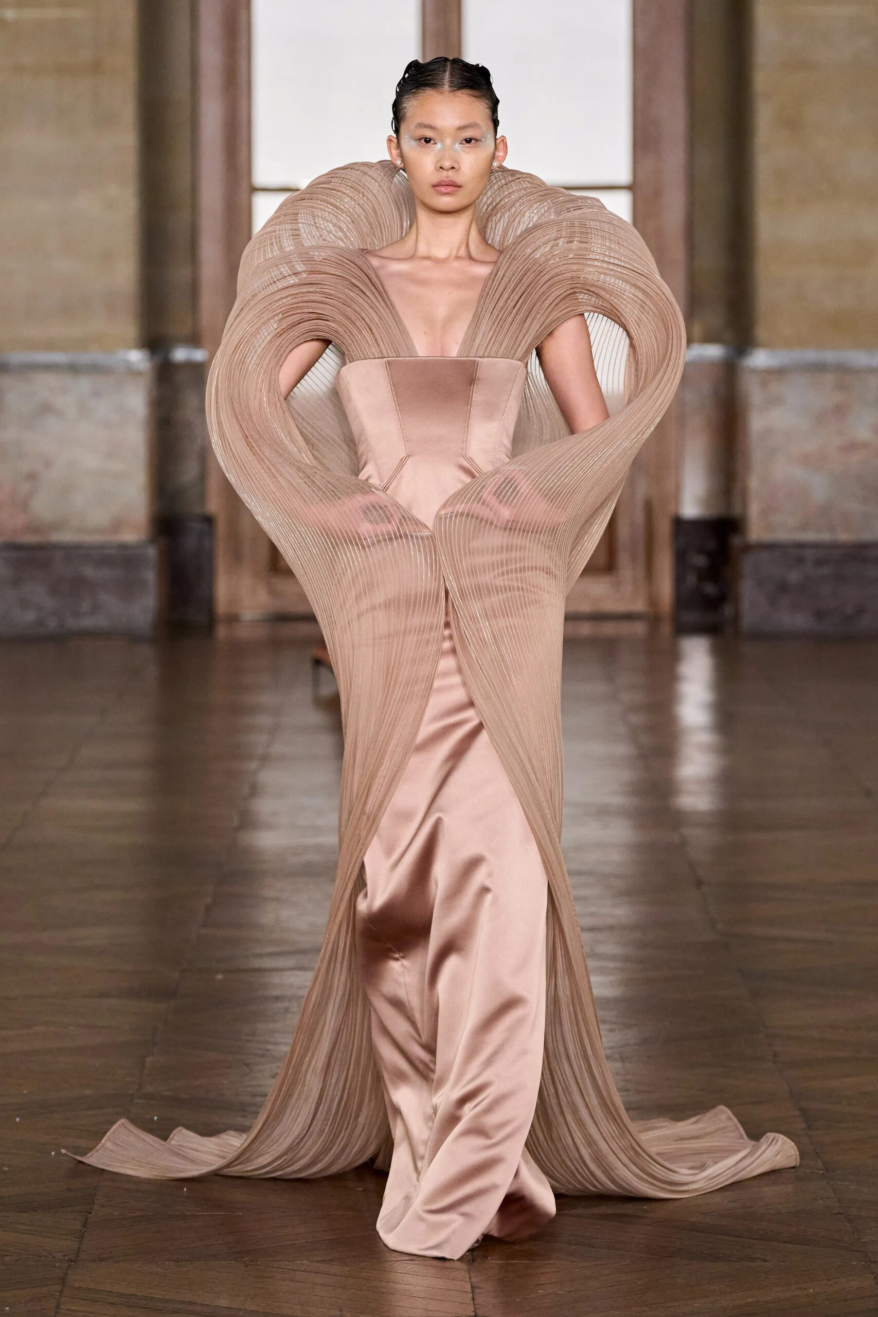Nude sculptural couture gown with pleated ribbon structures by Gaurav Gupta Spring 2026 Couture