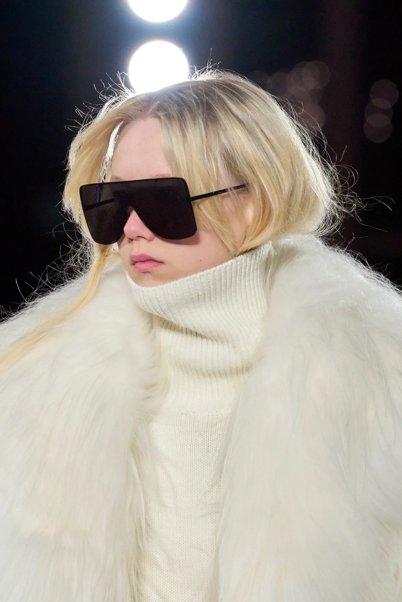 Michael Kors Collection oversized sunglasses and ivory fur coat detail