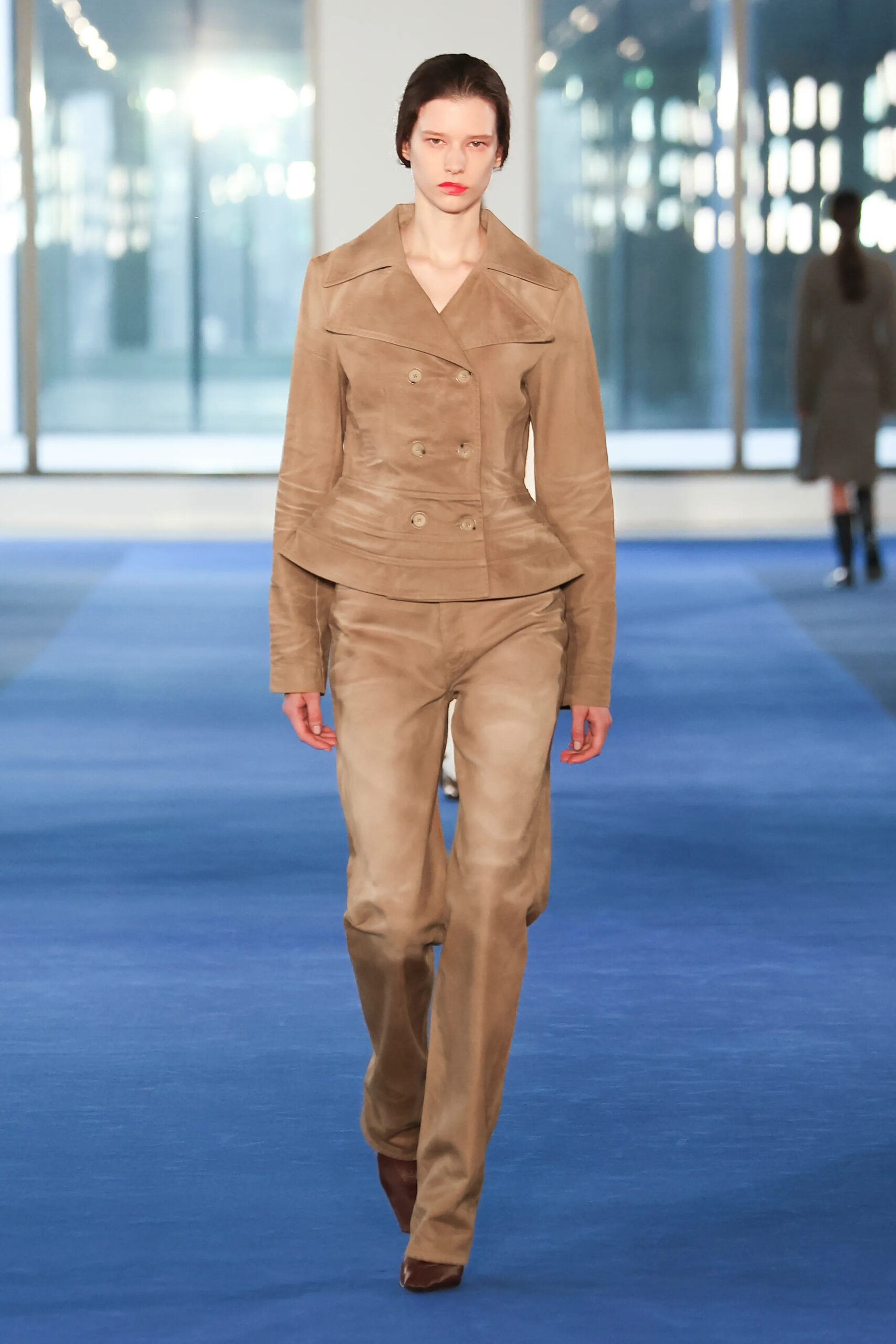 Taupe suede jacket and trousers from Proenza Schouler Fall 2026 by Rachel Scott