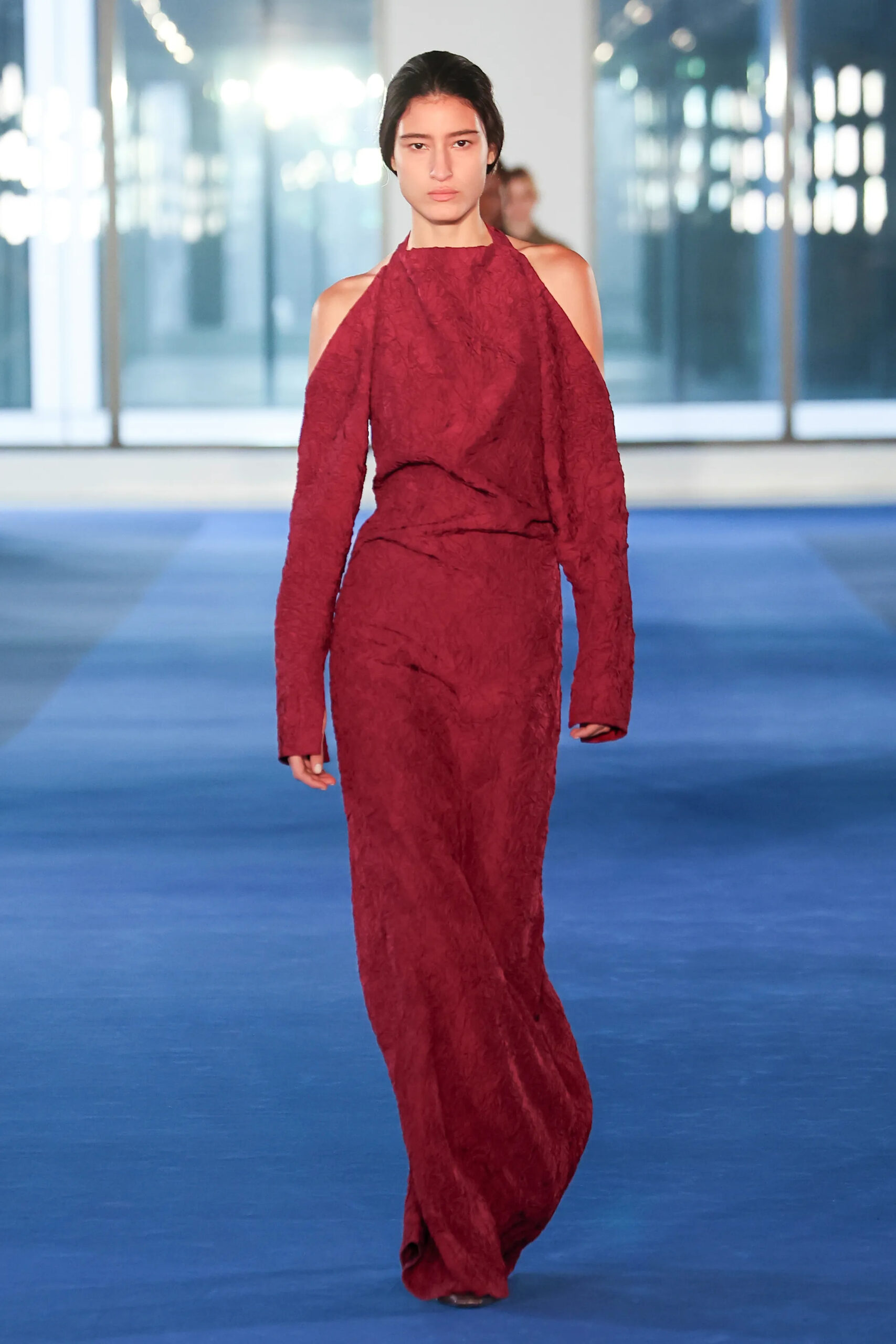 Burgundy textured evening gown from Proenza Schouler Fall 2026 runway