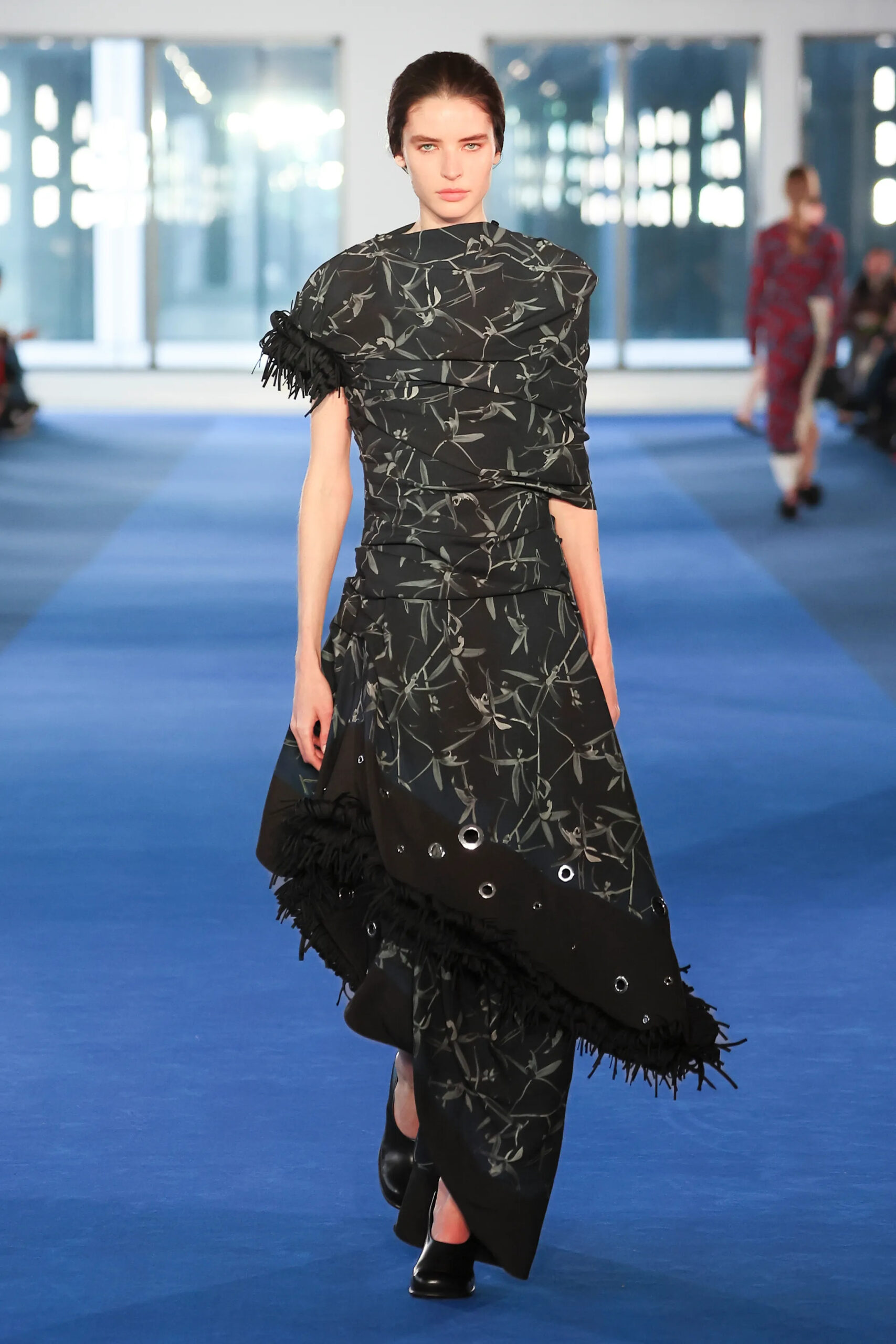Black printed dress with fringe and grommet details from Proenza Schouler Fall 2026