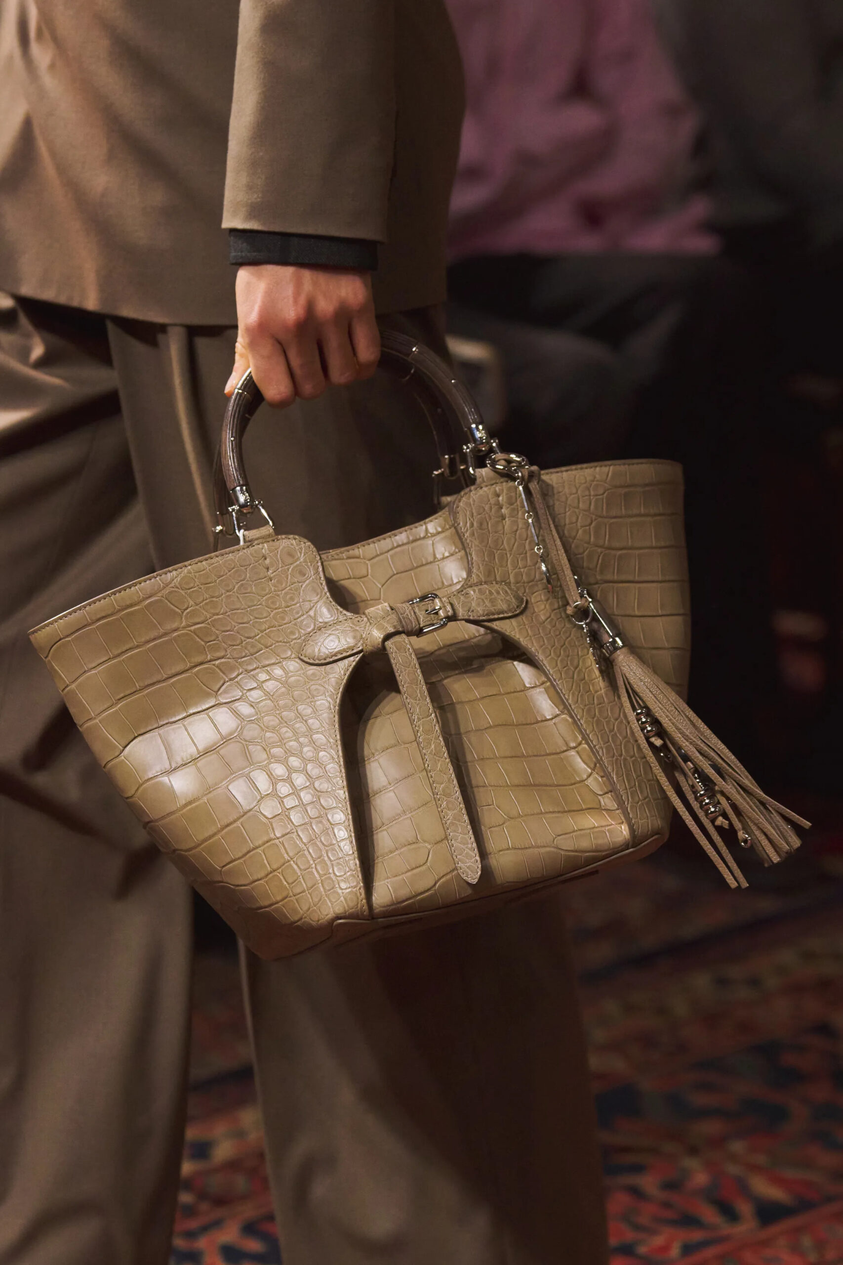 Crocodile embossed taupe handbag from Ralph Lauren Fall Winter 2026 runway collection