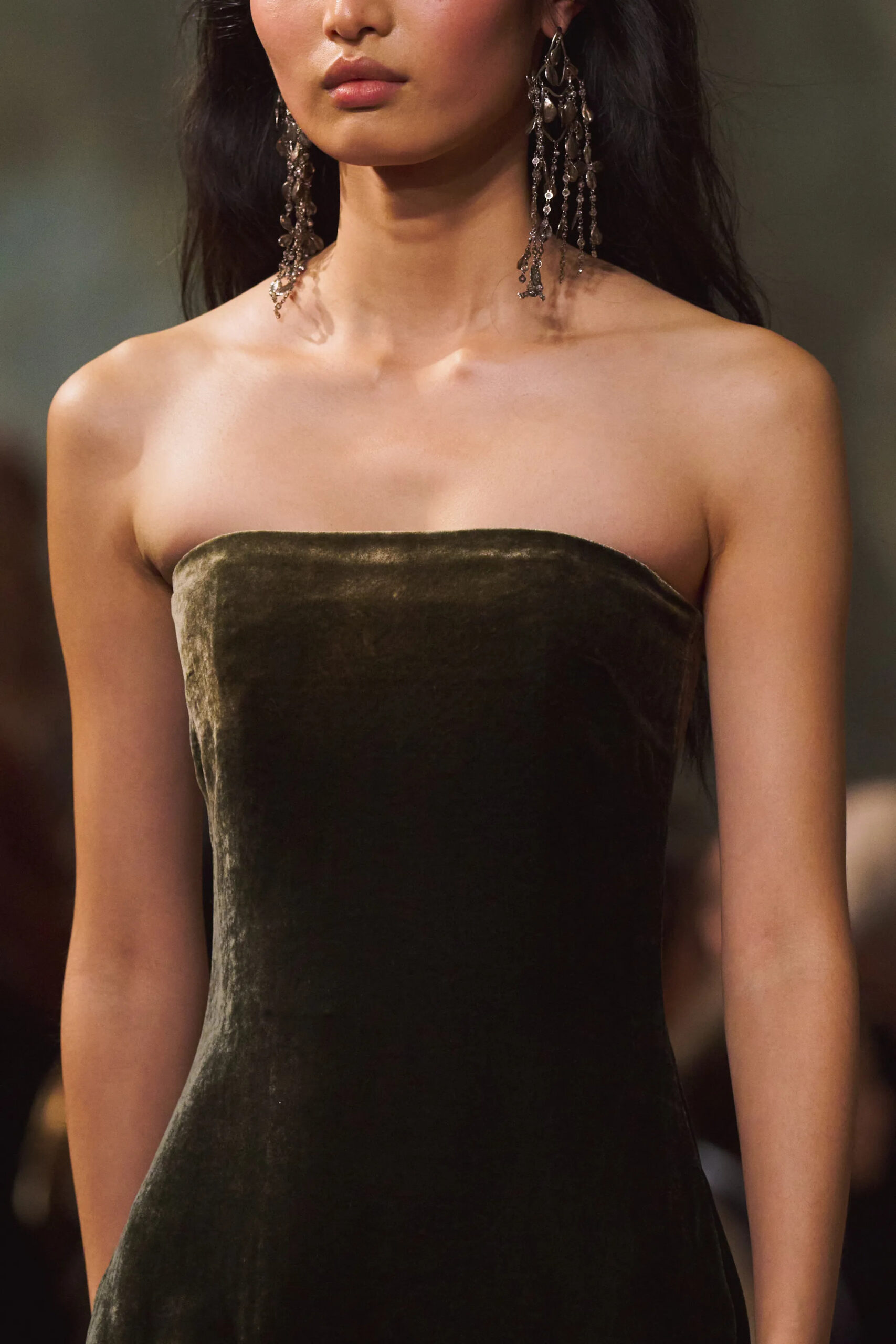 Velvet eveningwear with chandelier earrings from Ralph Lauren Fall Winter 2026