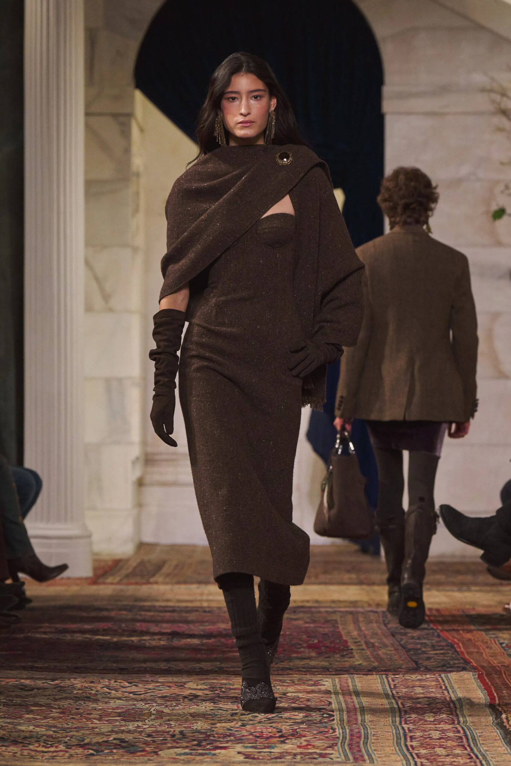 Chocolate knit evening dress with draped shawl from Ralph Lauren Fall Winter 2026