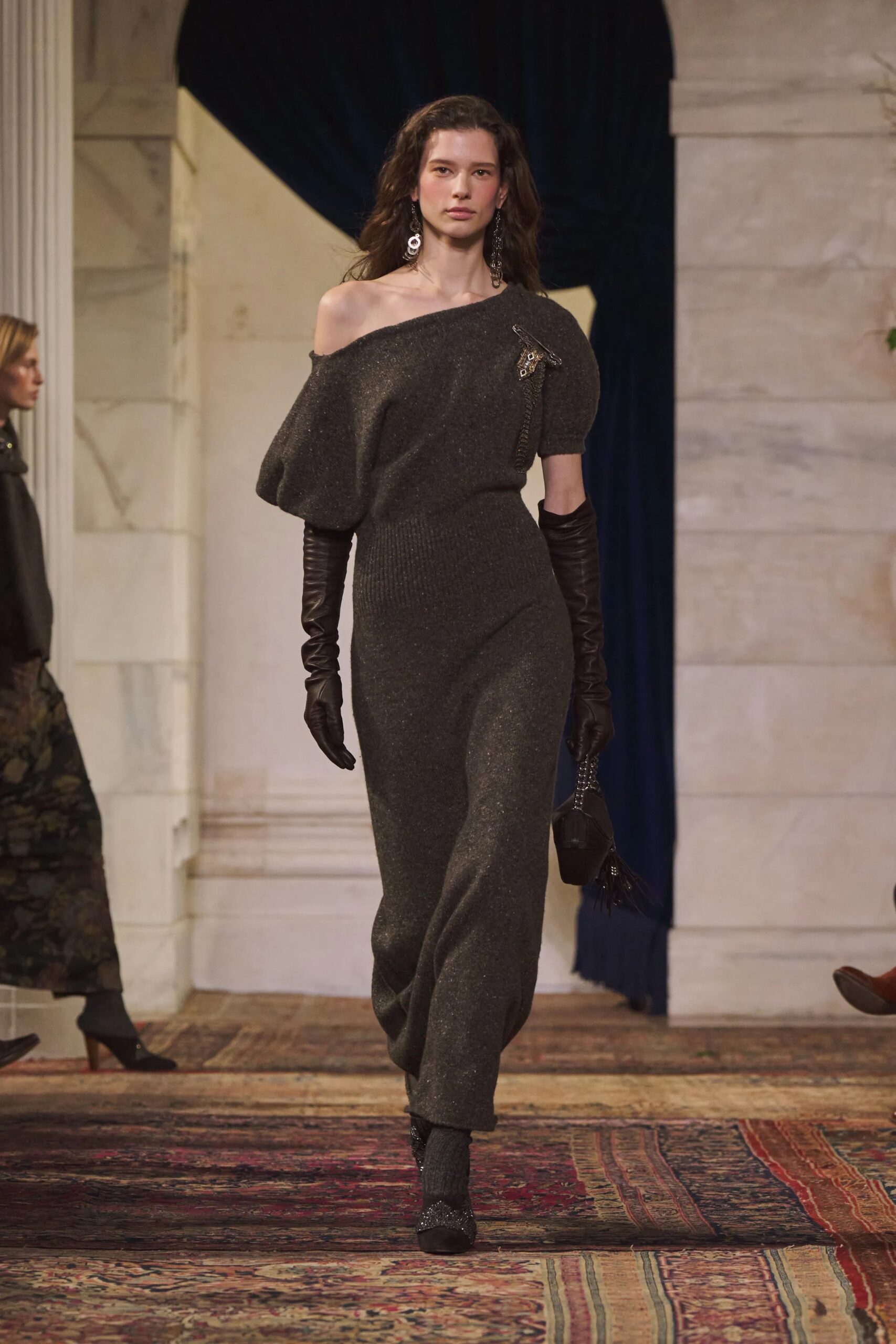 One-shoulder knit dress with opera gloves at Ralph Lauren Fall Winter 2026