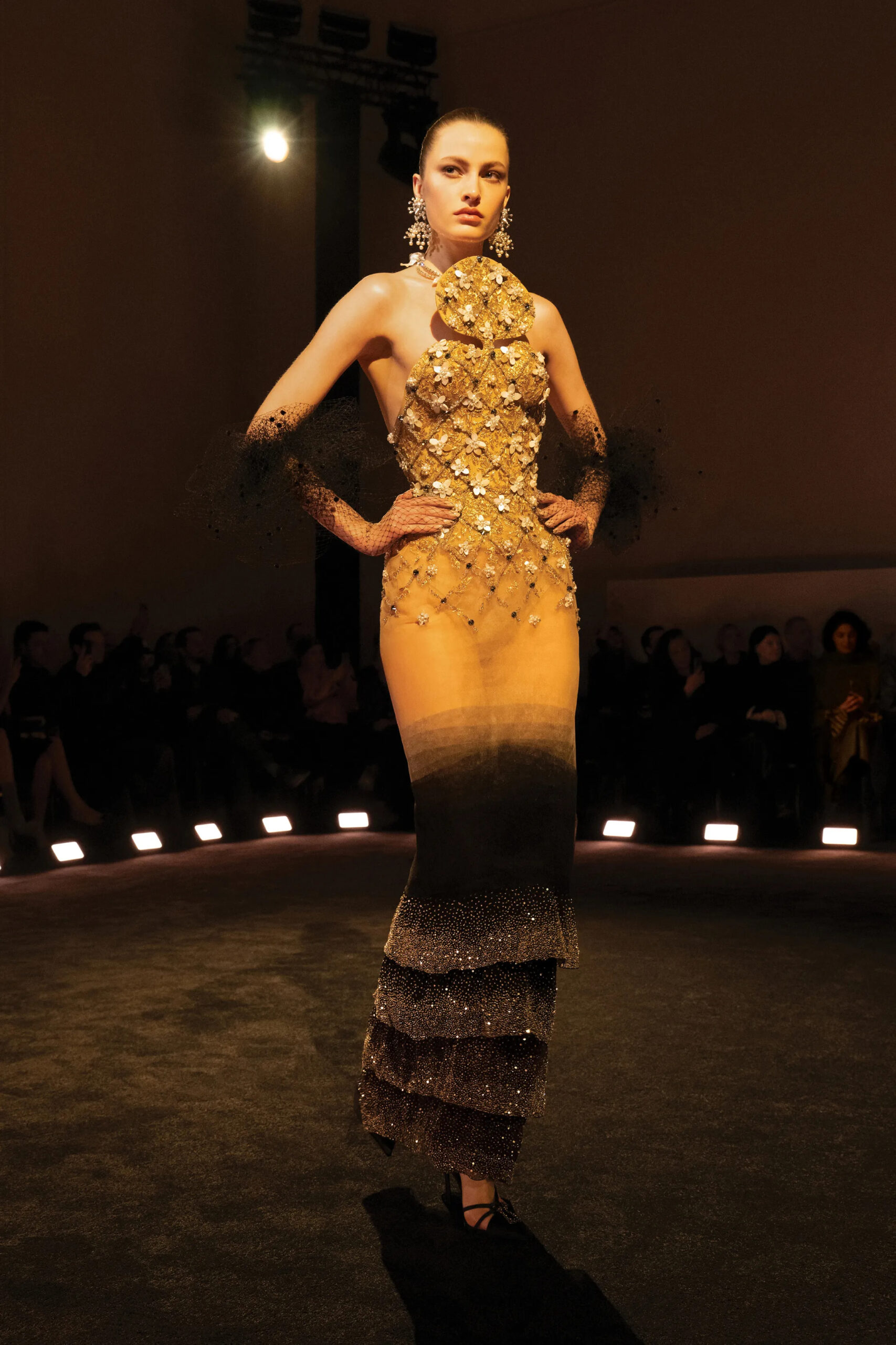 Gold ombré Schiaparelli couture gown with crystal embroidery and sheer layered construction