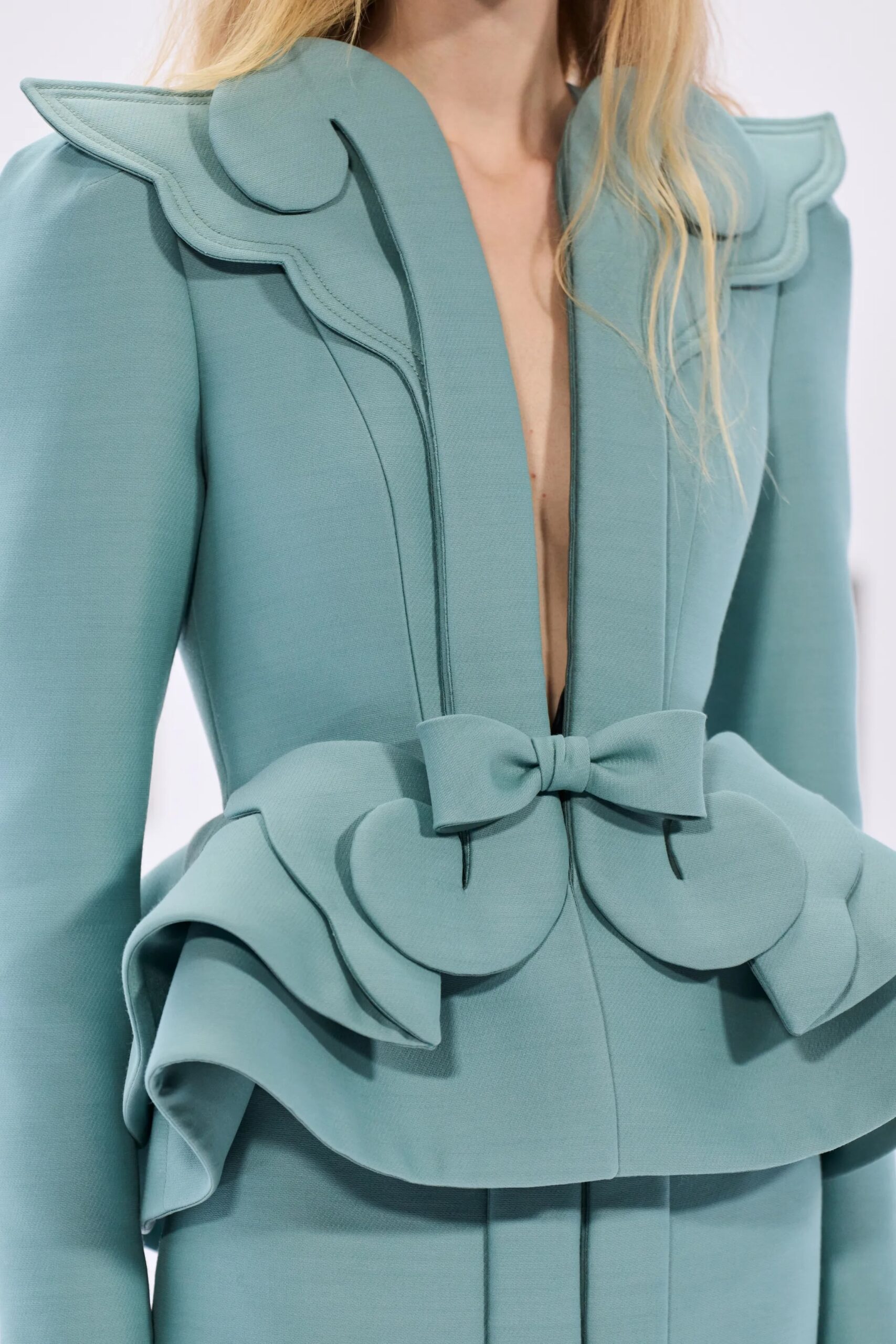 Mint Valentino couture jacket detail with sculptural bow construction
