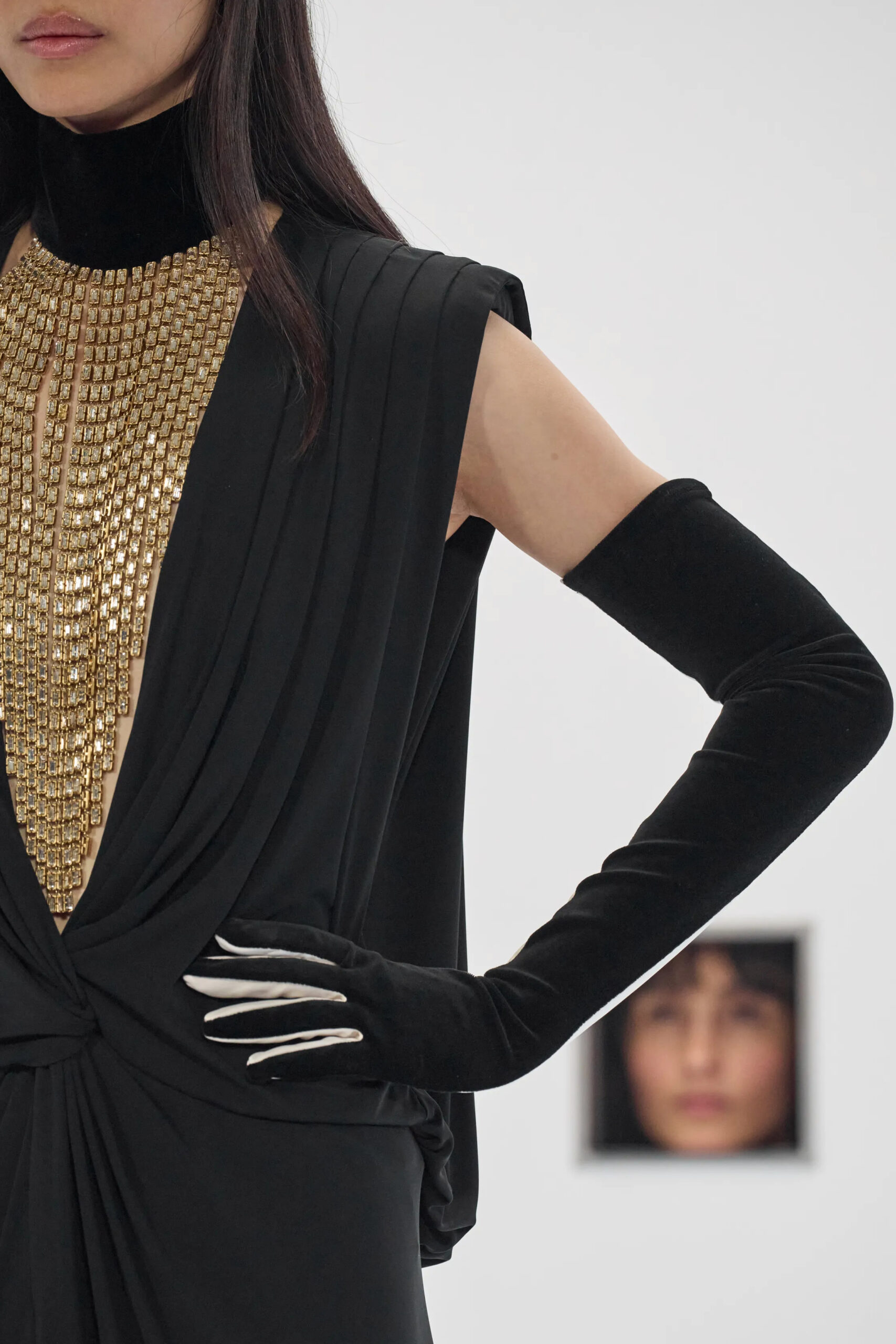 Gold embellished Valentino couture necklace with opera gloves Spring 2026