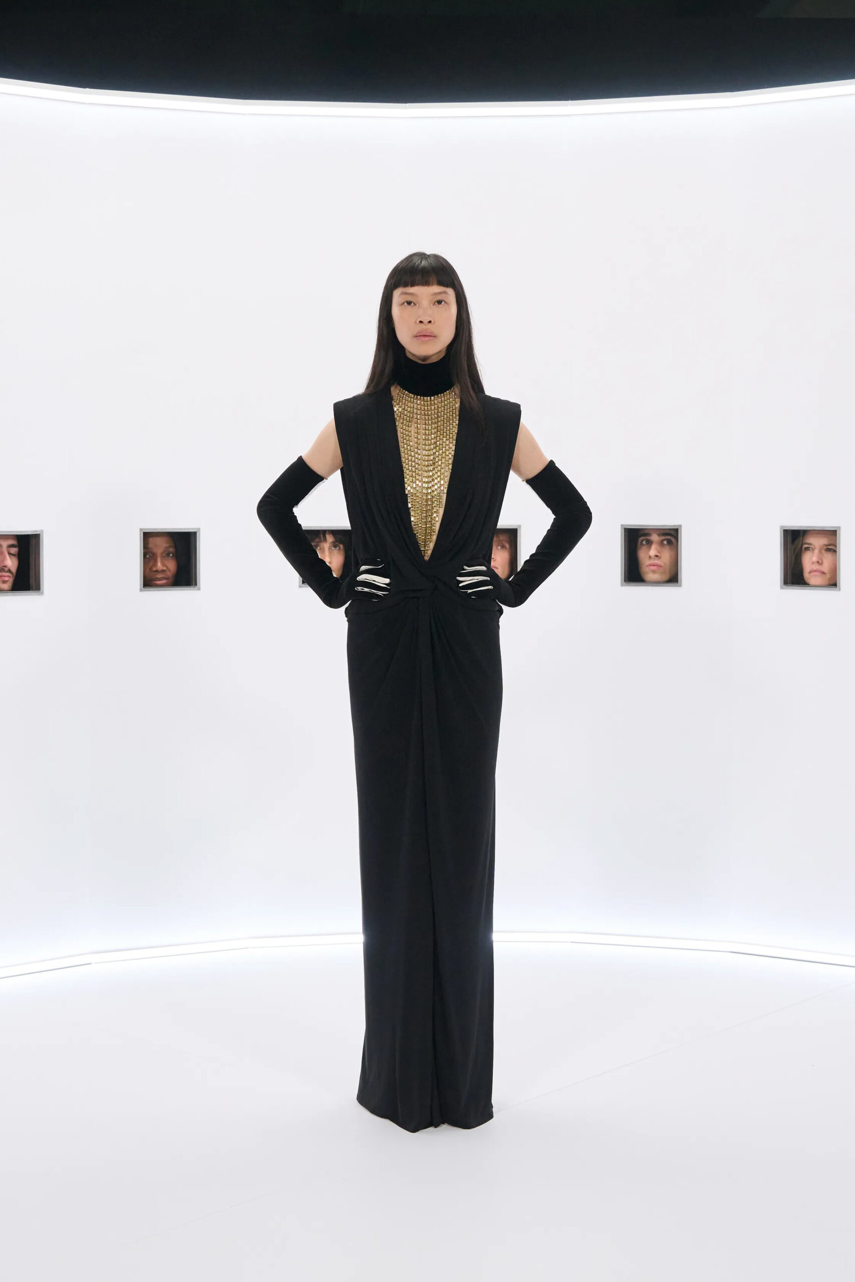 Black Valentino couture gown with gold embellished neckline Spring 2026
