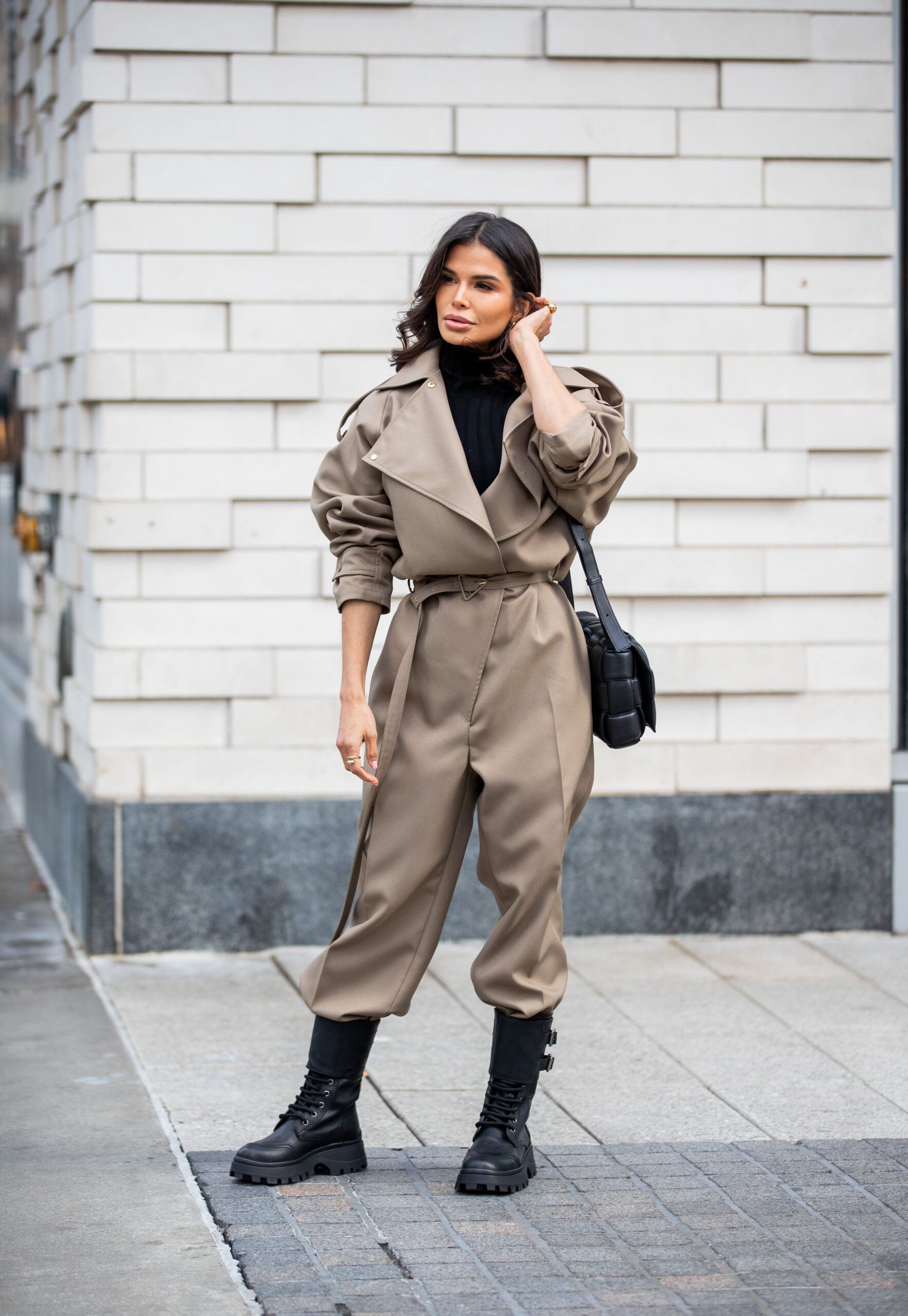 Portrait of Victoria Barbara in a monochromatic Bottega Veneta look during New York Fashion Week.