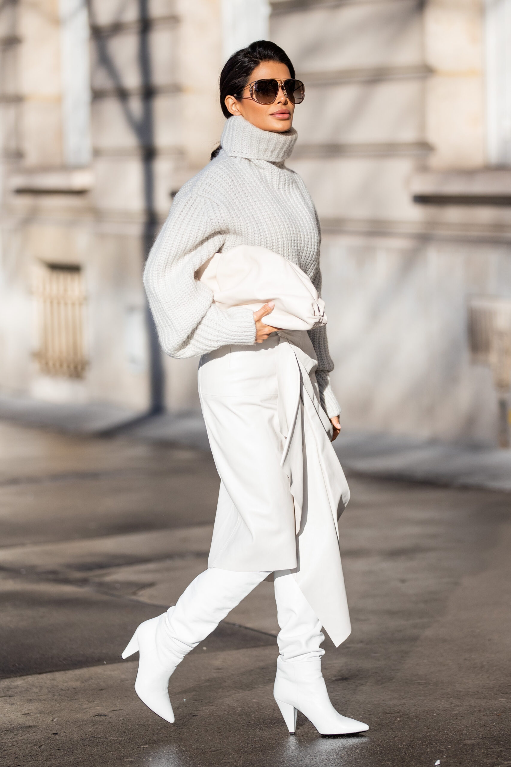 Victoria Barbara in a neutral-toned Paris Fashion Week outfit outside the Isabel Marant show.