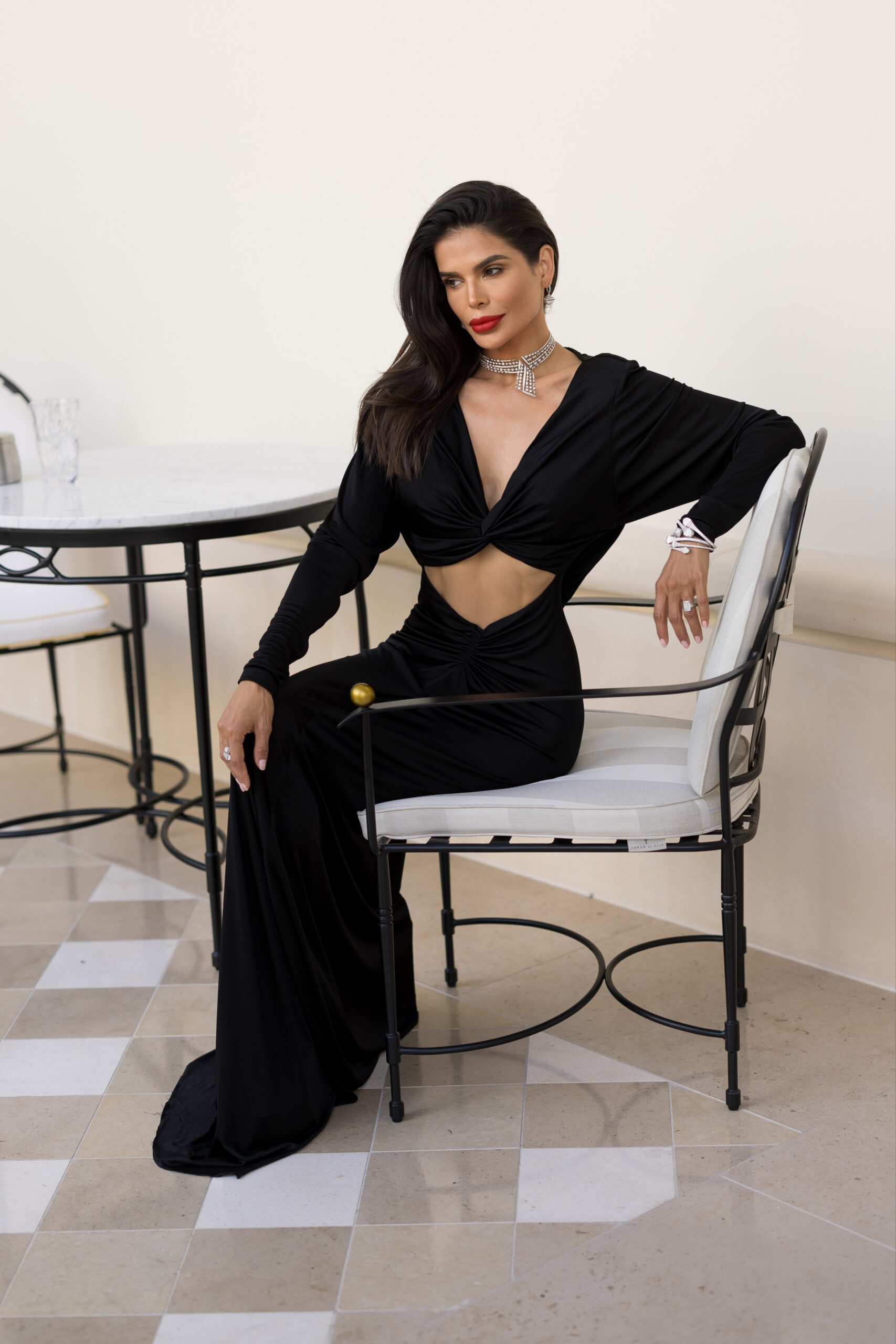 Portrait of Victoria Barbara wearing Saint Laurent and Marli jewelry during Cannes Film Festival