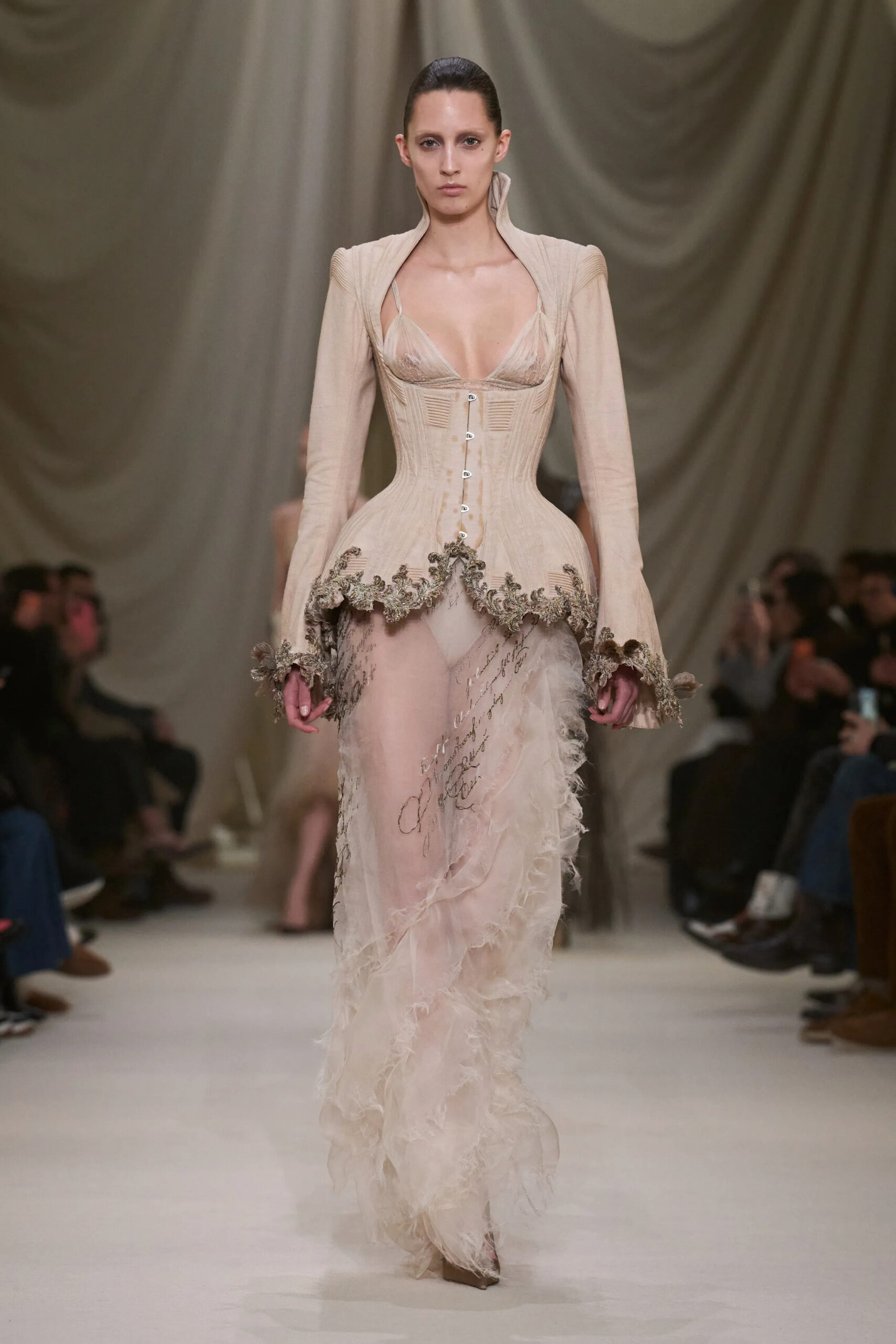 Ashi Studio Spring 2026 Couture embroidered corset jacket with sheer layered gown and Victorian-inspired couture detailing.