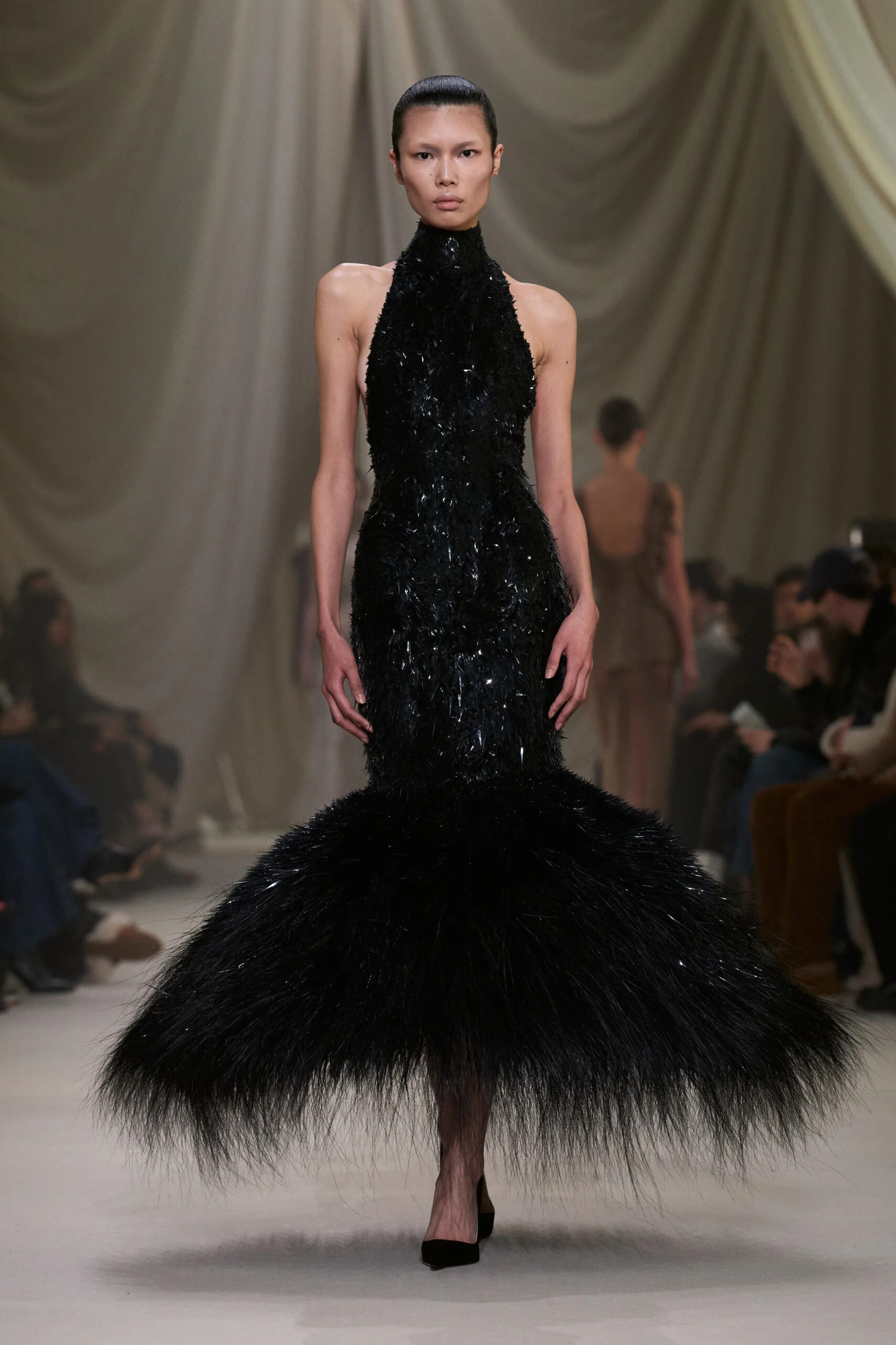 Ashi Studio Spring 2026 Couture black feathered gown with sculptural silhouette and dramatic volume.
