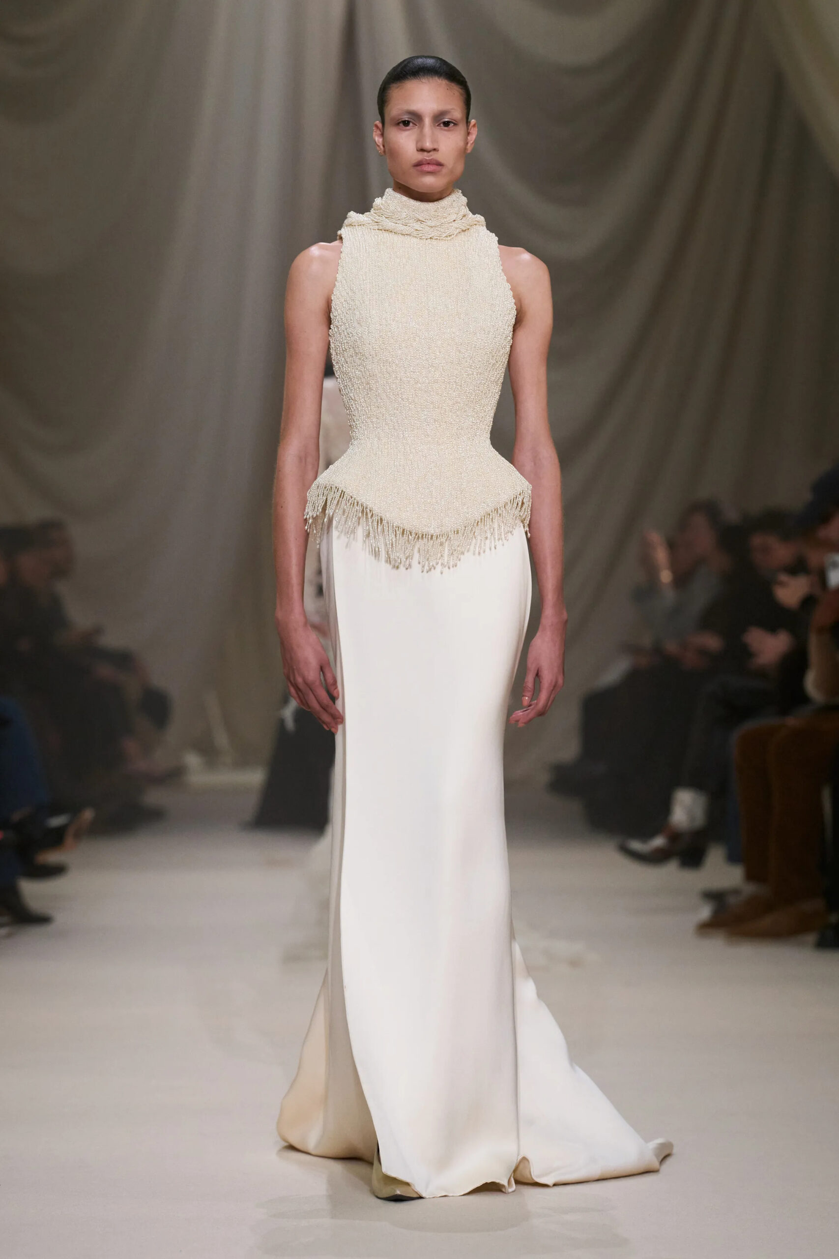 Ashi Studio Spring 2026 Couture ivory crystal embroidered column gown with sculpted silhouette.