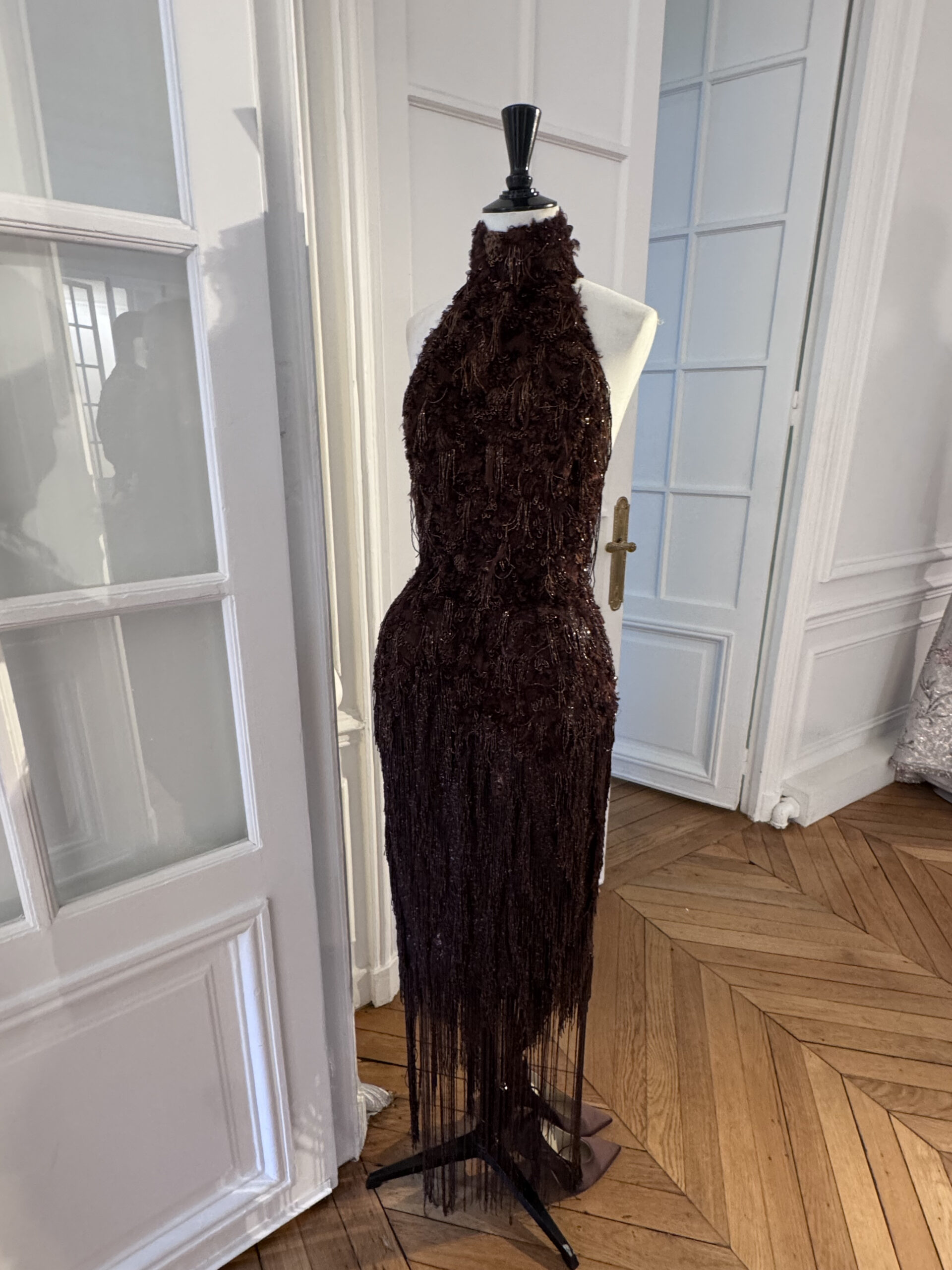 Burgundy Ashi Studio couture gown from the Fall/Winter 2026–2027 Haute Couture presentation during Paris Haute Couture Week