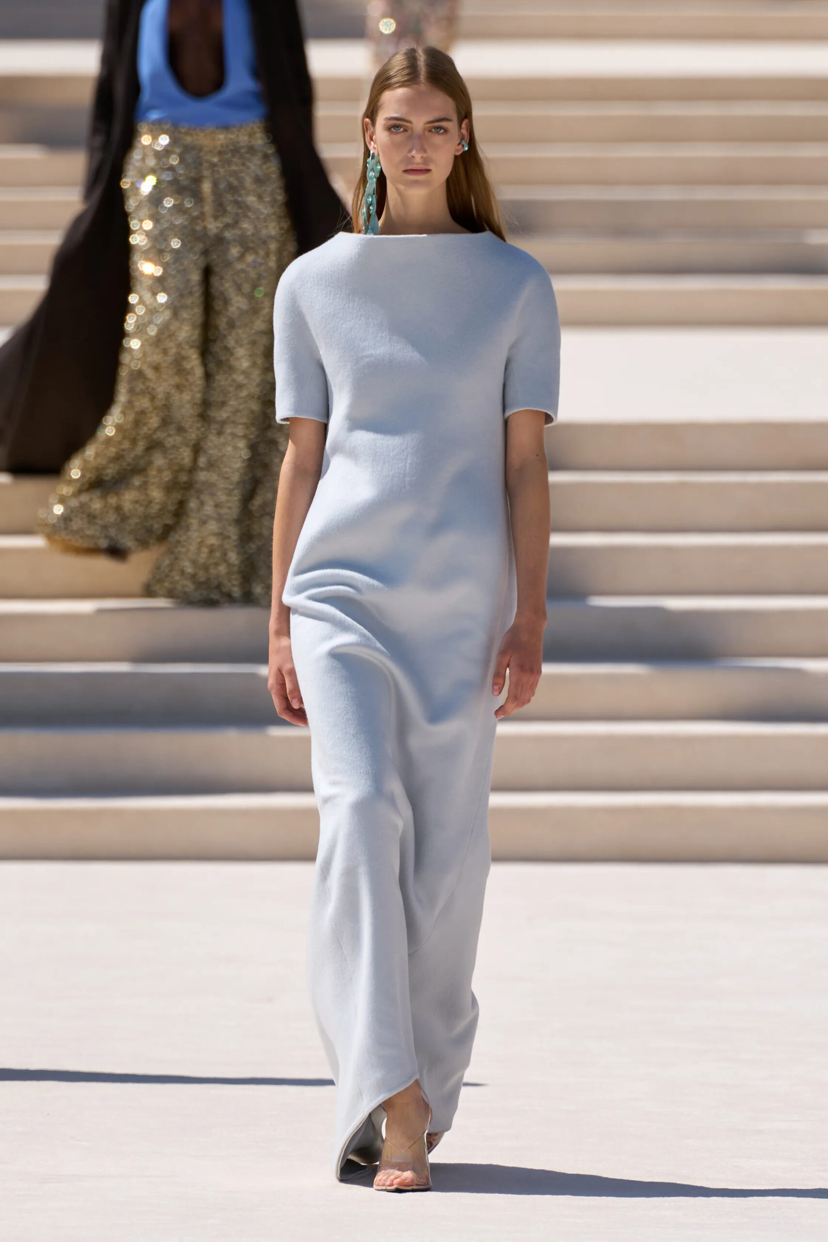 Model wearing a minimalist powder blue couture gown from the Balenciaga Fall 2026 Couture collection