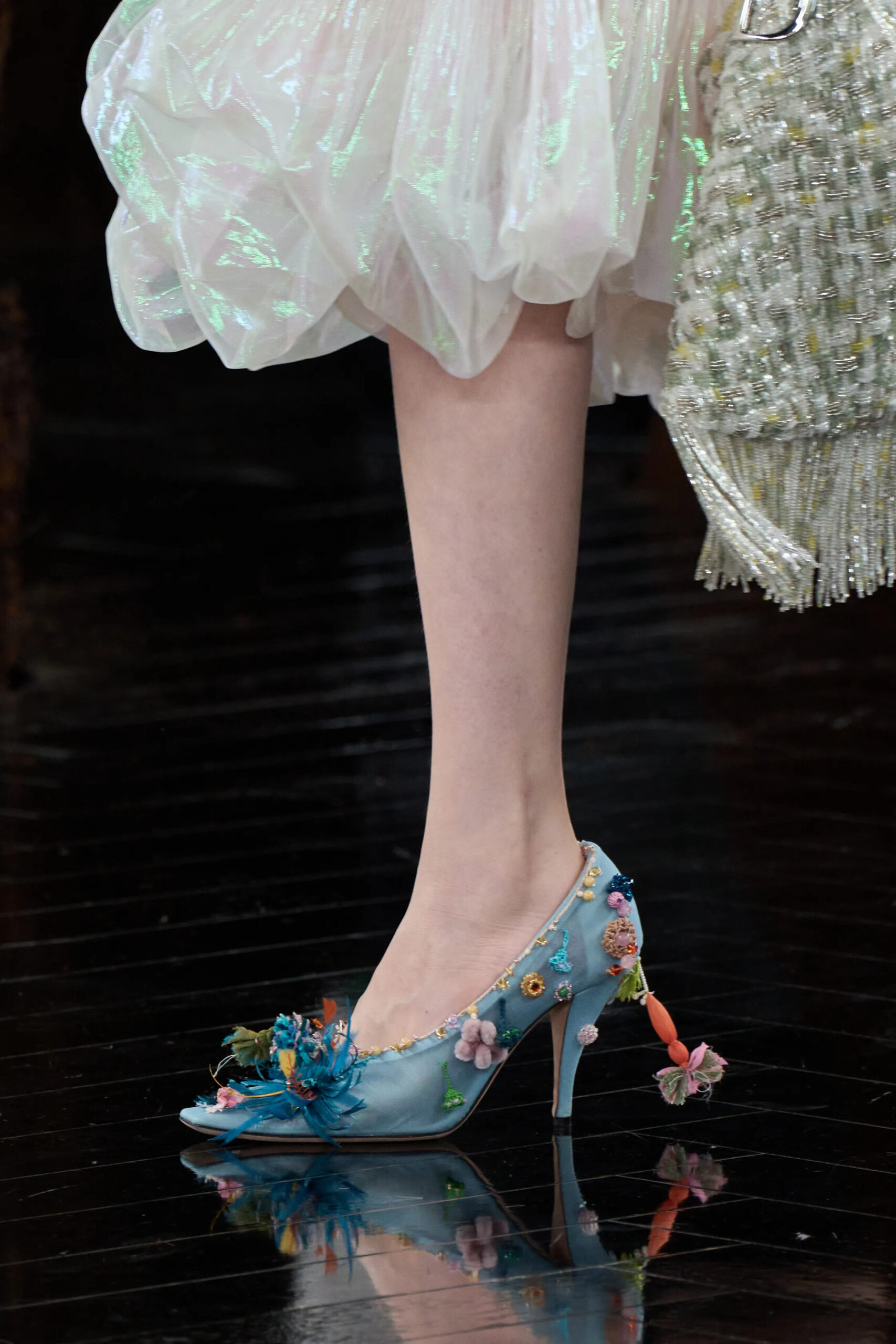 Blue embroidered Dior floral pump from the Fall 2026 Couture collection by Jonathan Anderson