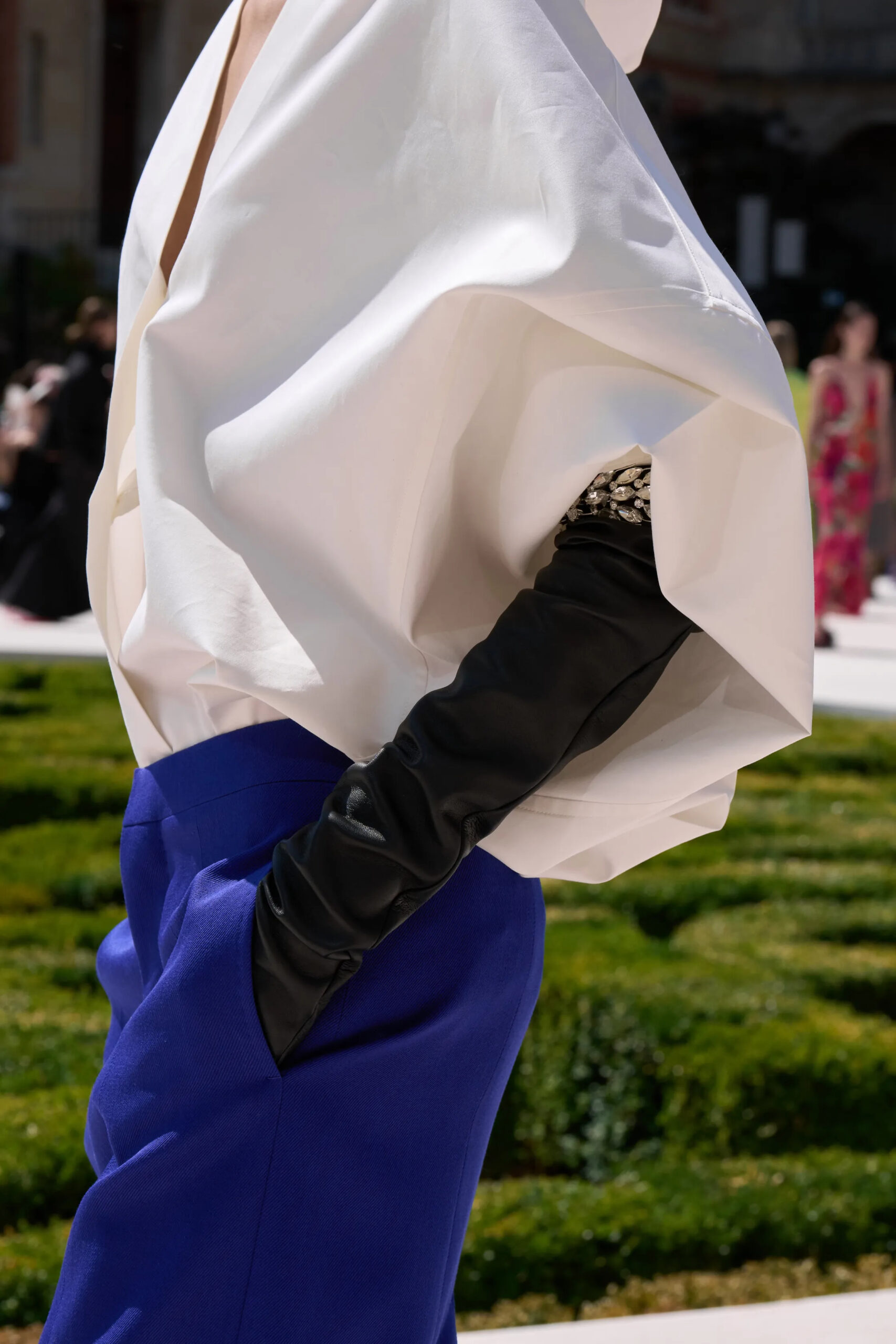 Black Balenciaga opera glove with a sculptural crystal jeweled cuff from the Fall 2026 Couture collection