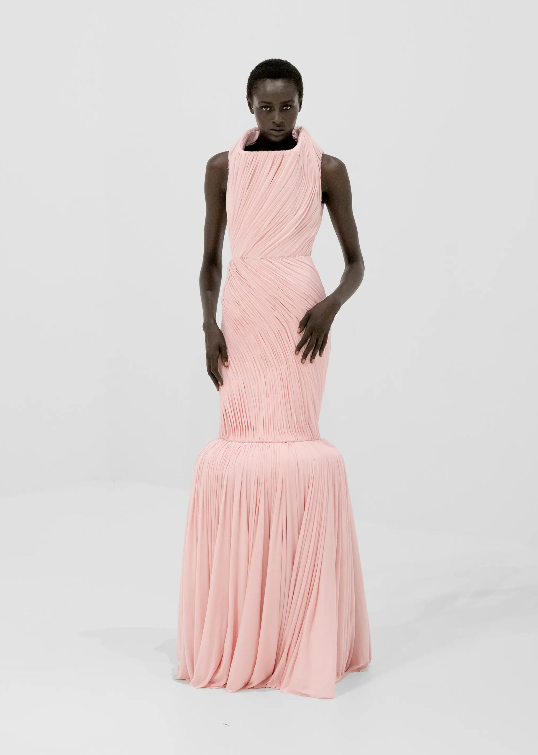 Blush pleated couture gown from Jean Paul Gaultier Fall 2026 Couture