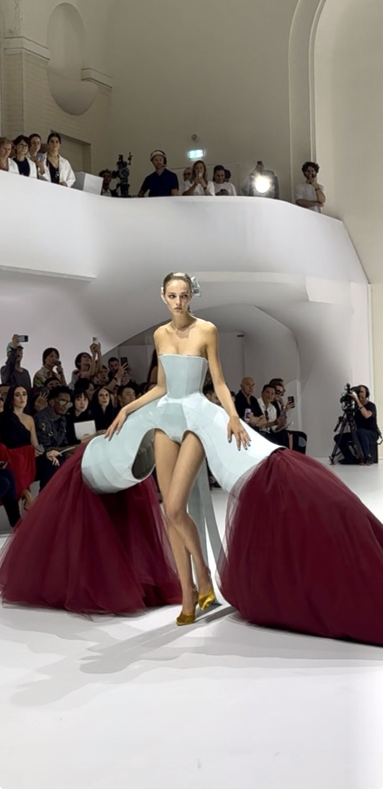 Blue sculptural couture gown with burgundy tulle from the Jean Paul Gaultier Fall/Winter 2026–2027 Haute Couture runway show