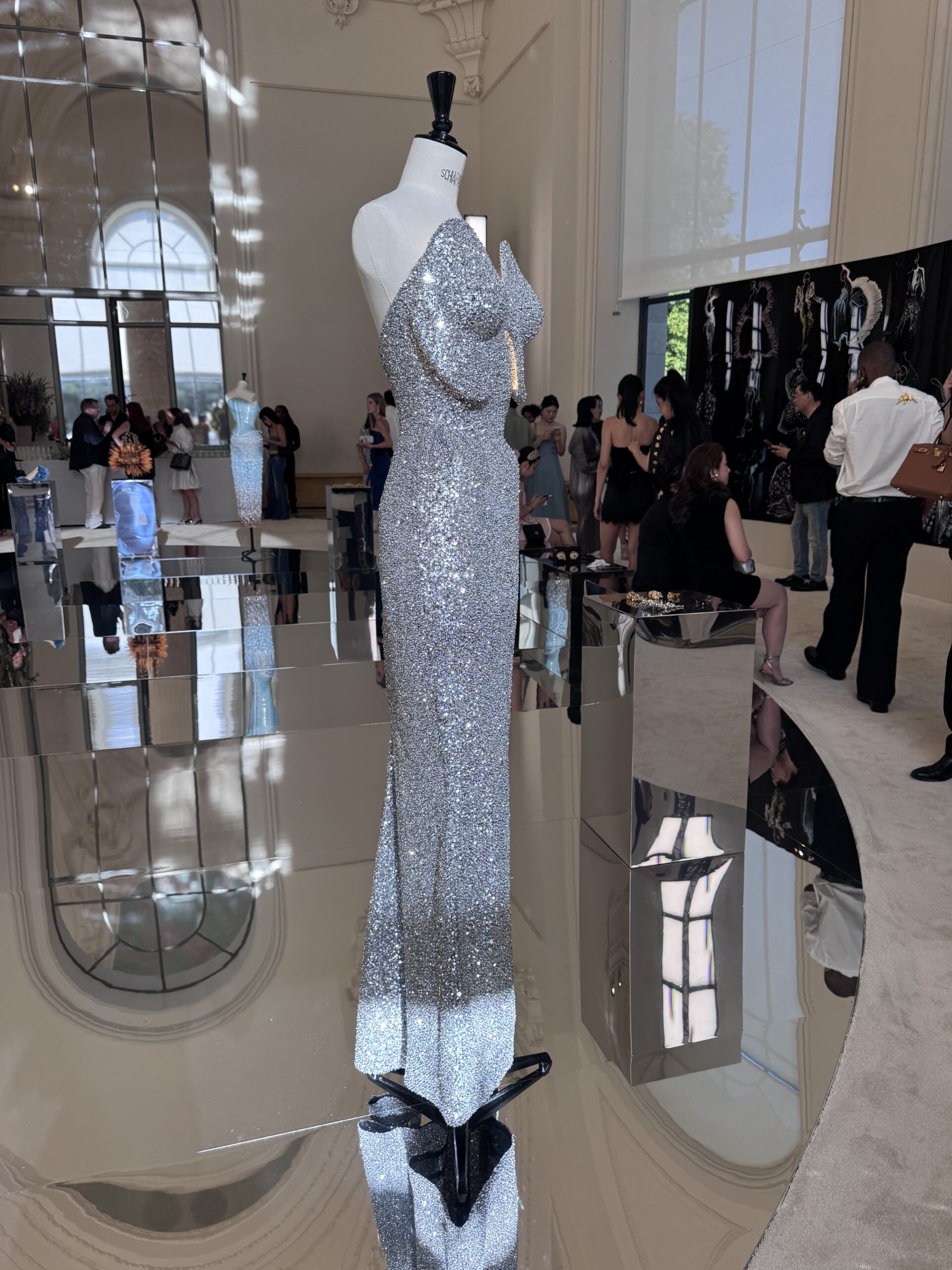 Crystal-embellished Schiaparelli couture gown presented at the Petit Palais during Paris Haute Couture Week Fall Winter 2026–2027
