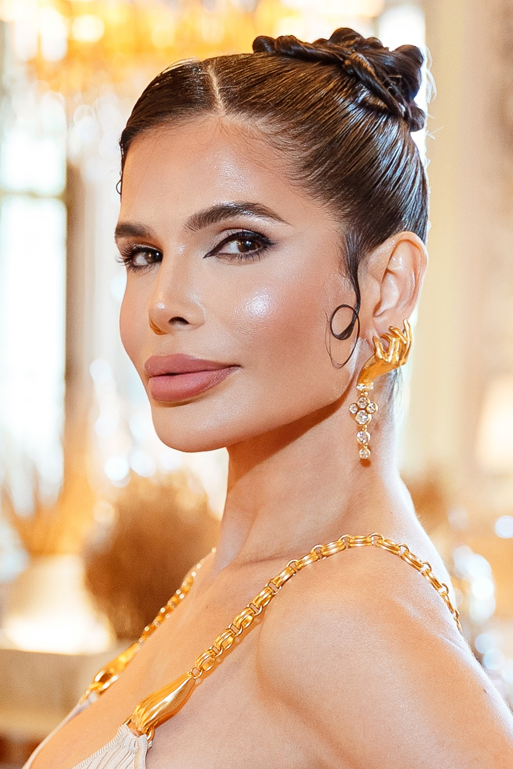 Close-up portrait of Victoria Barbara wearing Schiaparelli during Paris Haute Couture Week Fall Winter 2026–2027.
